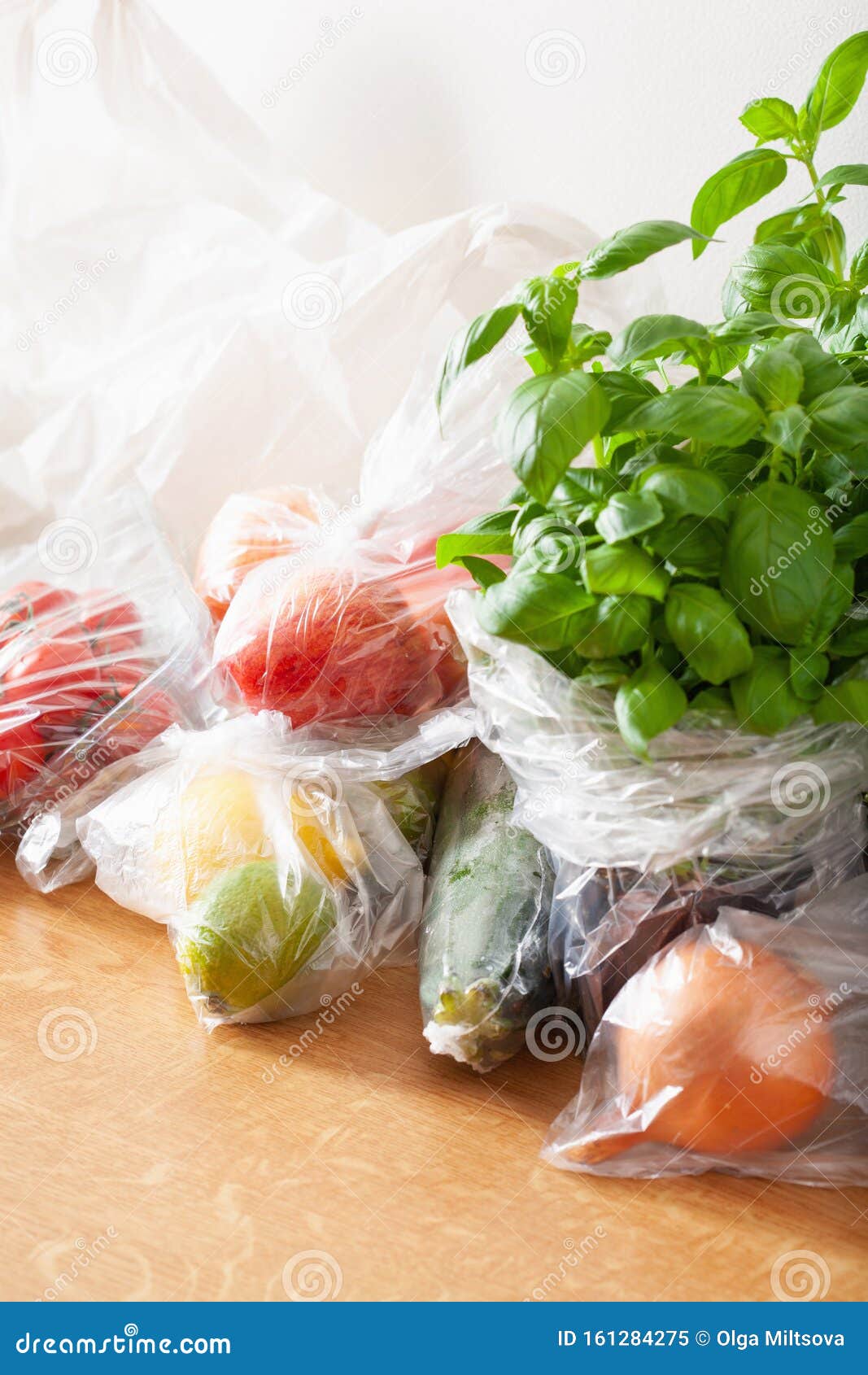 Single Use Plastic Waste Issue. Fruits and Vegetables in Plastic Bags