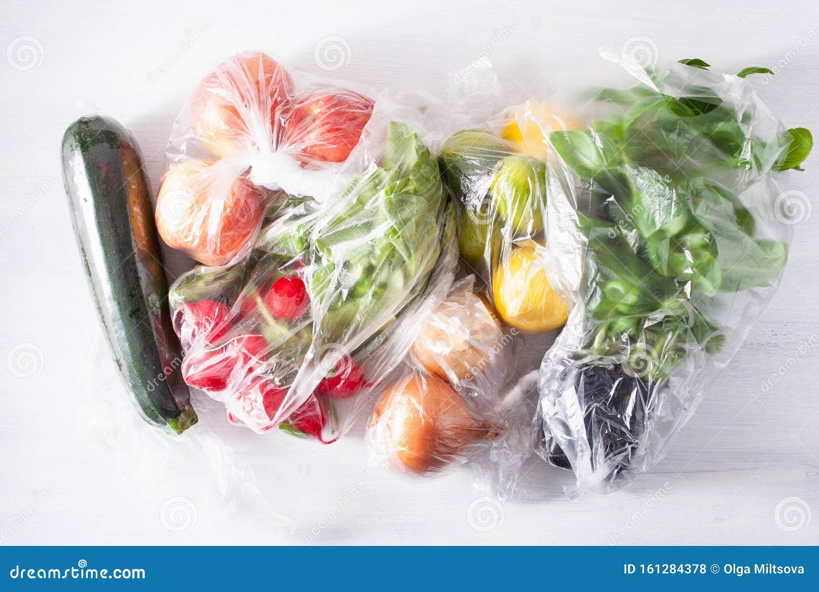 Single Use Plastic Waste Issue. Fruits and Vegetables in Plastic Bags