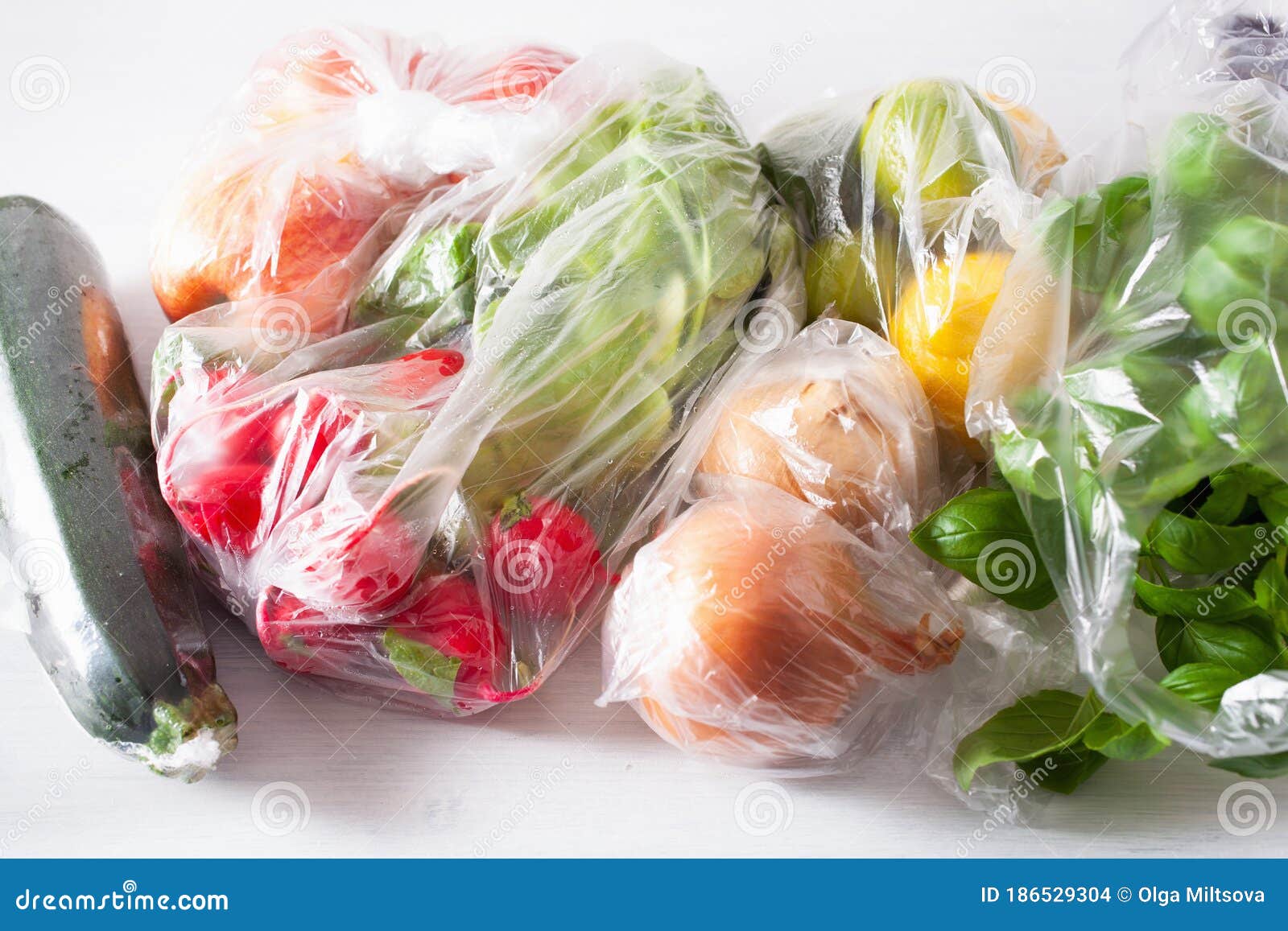 Single Use Plastic Waste Issue. Fruits and Vegetables in Plastic Bags