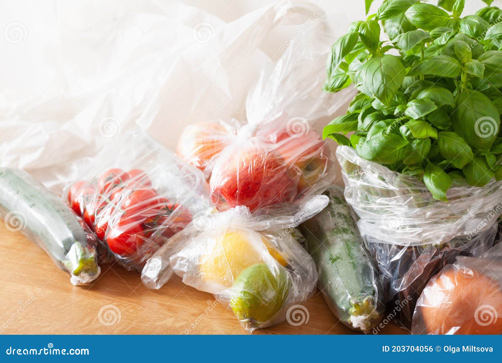 Single Use Plastic Waste Issue. Fruits and Vegetables in Plastic Bags