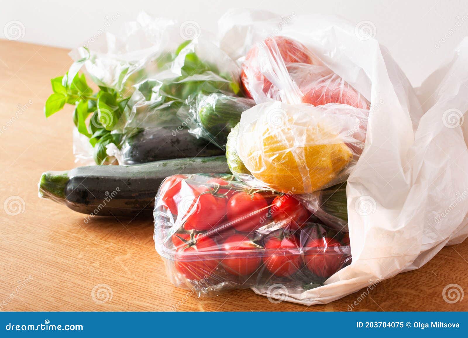 Single Use Plastic Waste Issue. Fruits and Vegetables in Plastic Bags