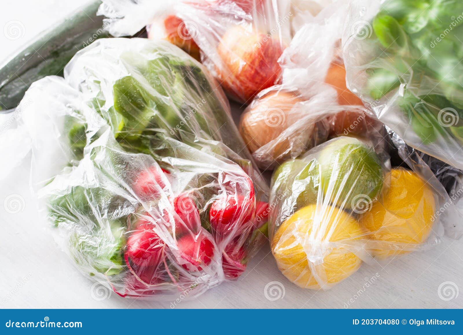 Single Use Plastic Waste Issue. Fruits and Vegetables in Plastic Bags