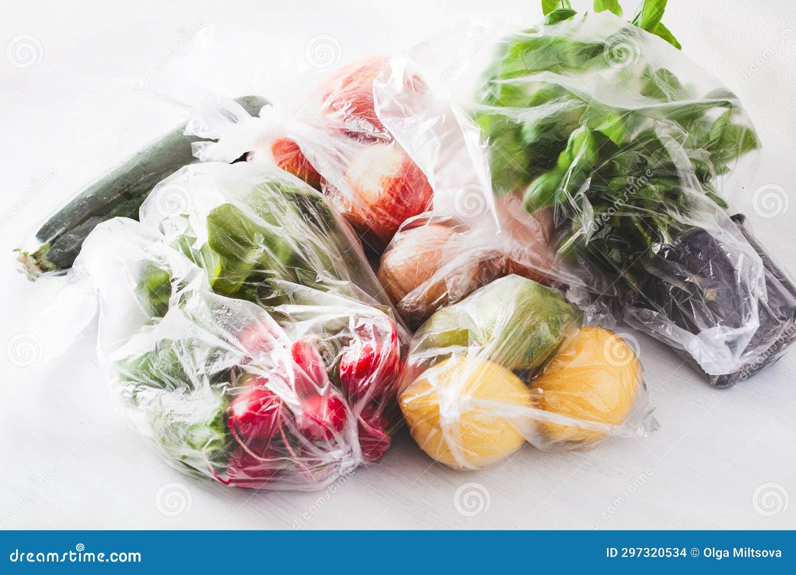 Single Use Plastic Waste Issue. Fruits and Vegetables in Plastic Bags