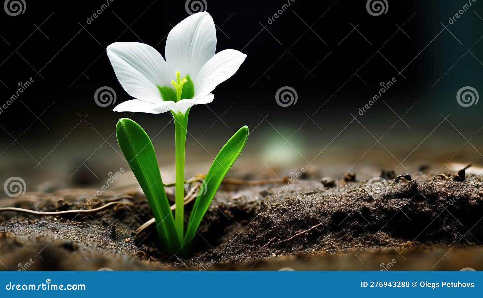 A Single White Flower is Growing Out of the Ground in the Dirt Stock