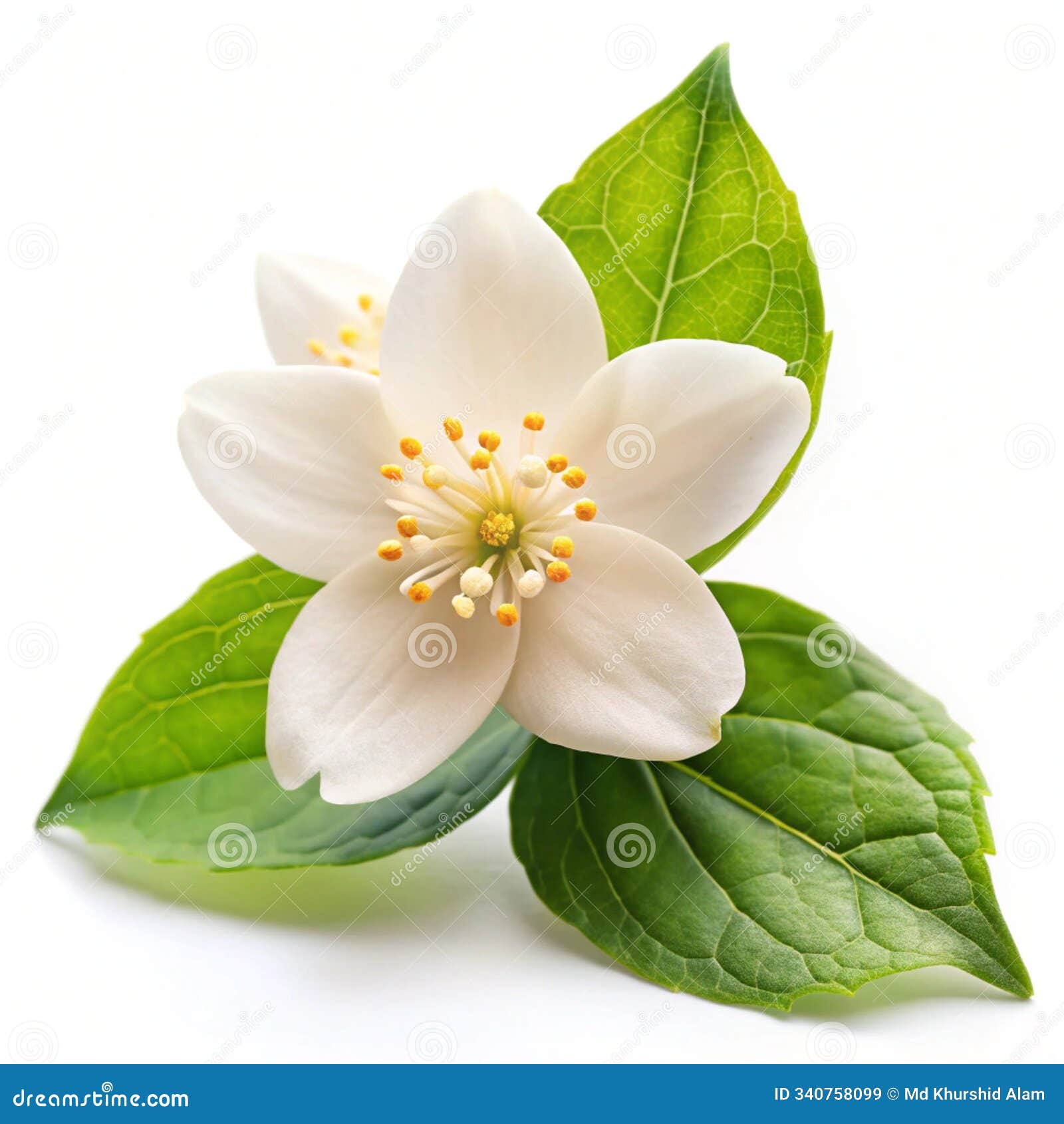 a single white jasmine flower with green leaves and buds,  on a white background, izing purity and beauty