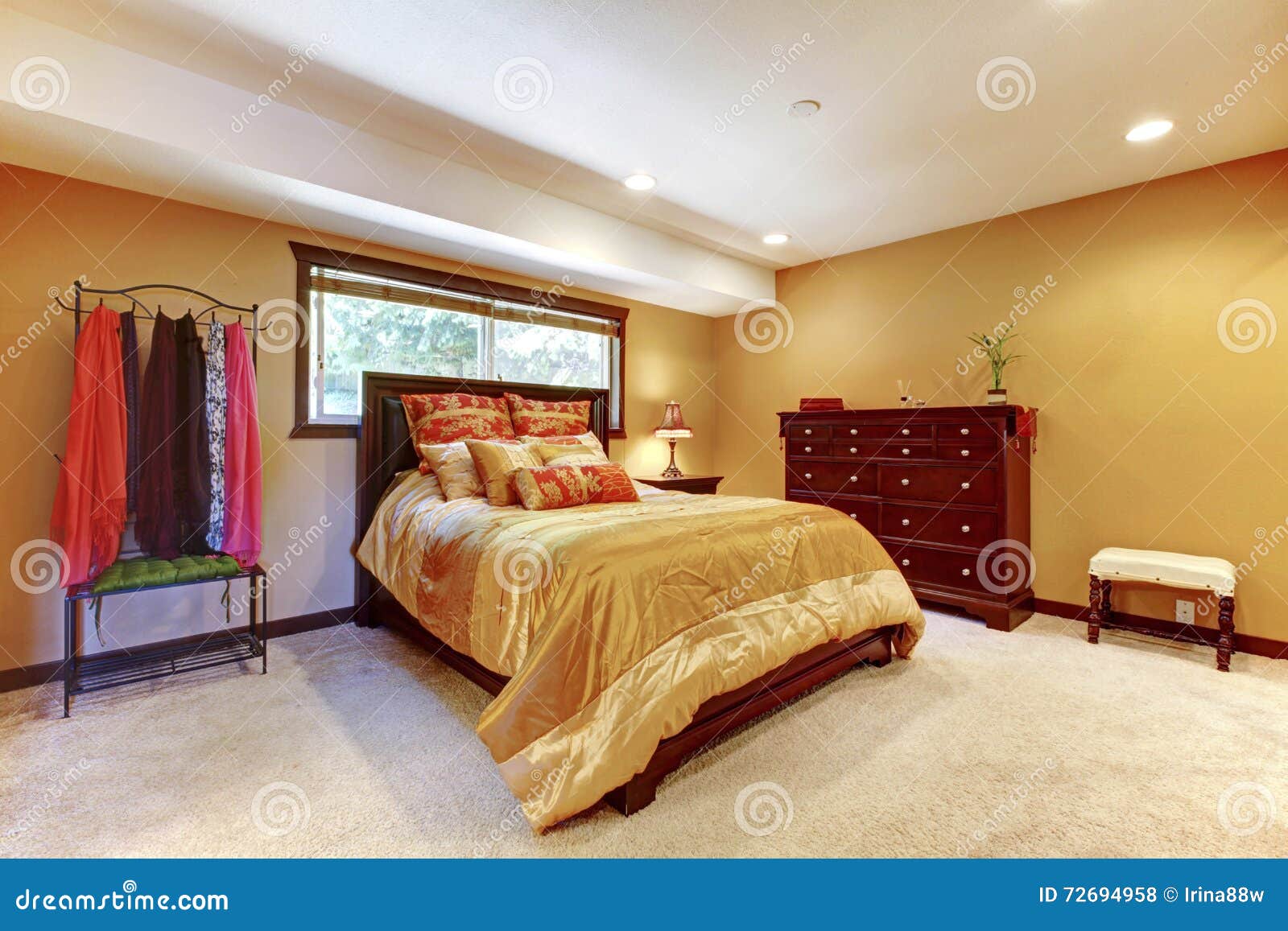Single Woman Asian Master Bedroom Interior With Yellow Walls