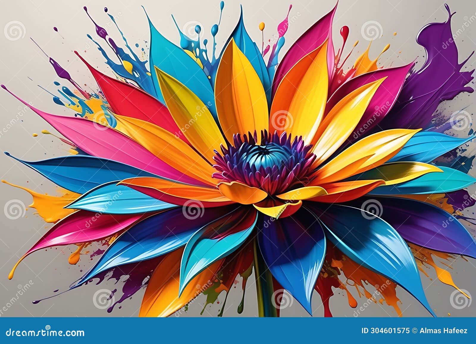 singular elegance: abstract art style with focus on an undefined flower  bursting with a spectrum of vibrant colors