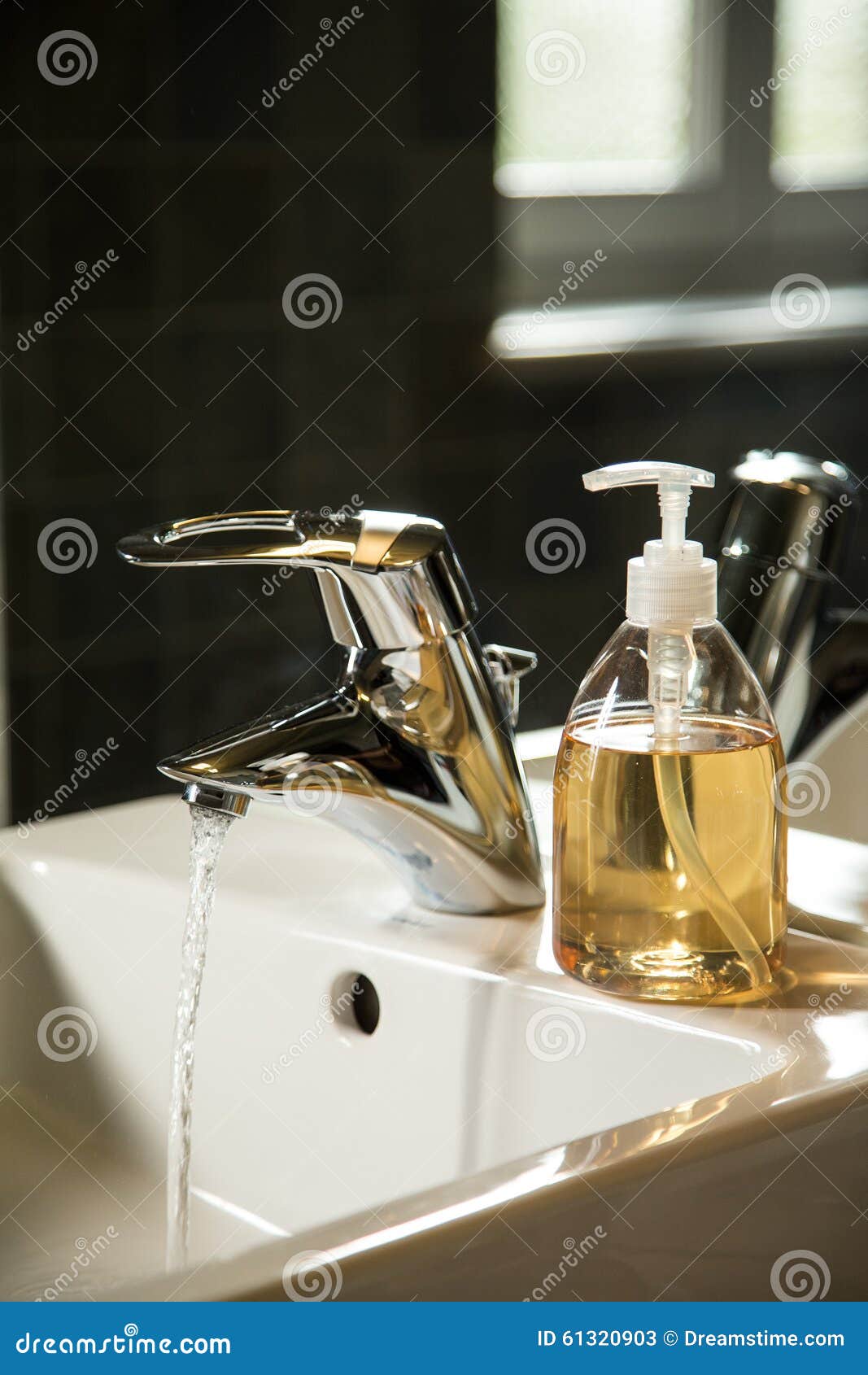 Sink with Runnig Water and Liquid Soap Dispenser Stock Image Image of