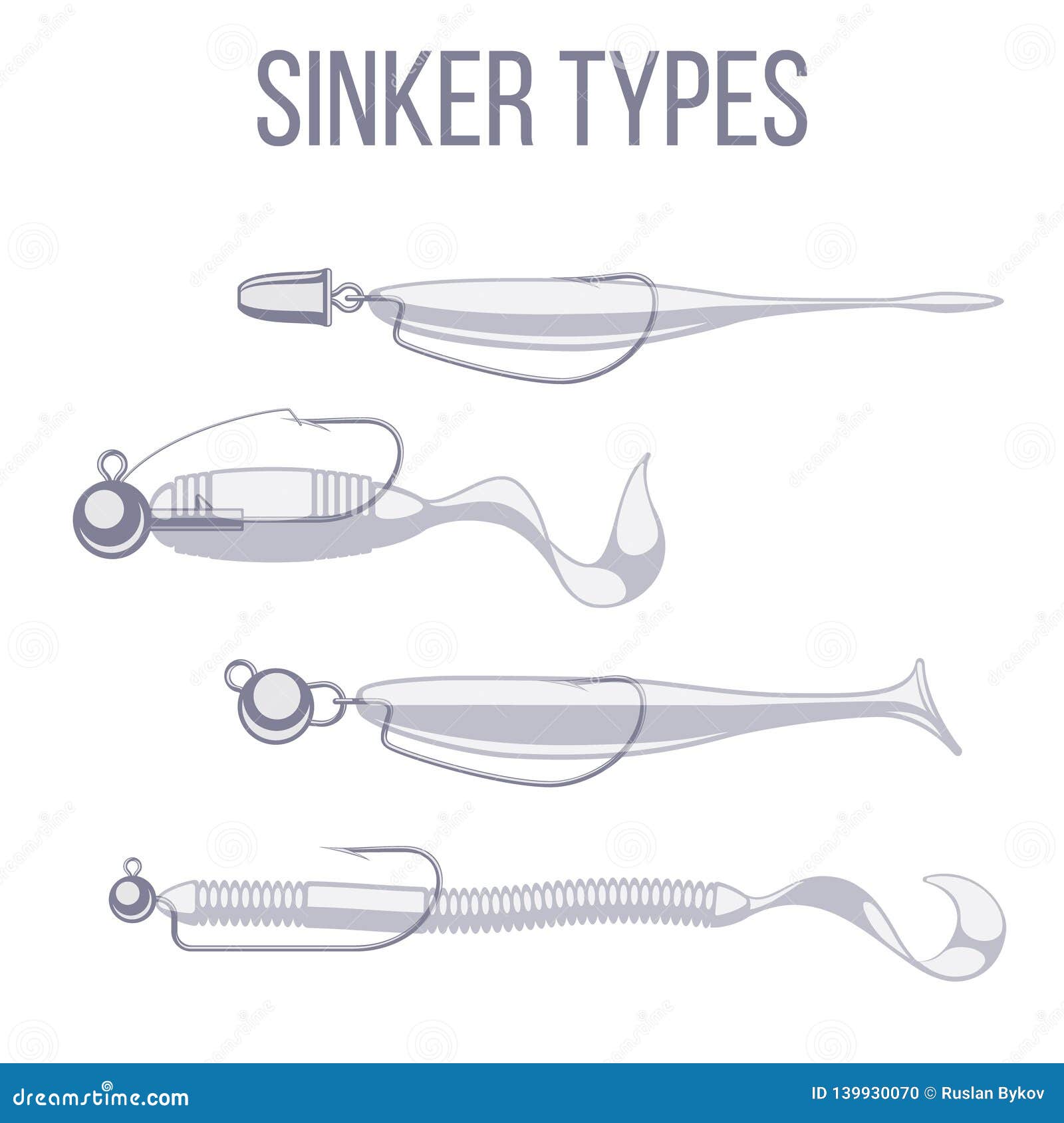 sinker types with offset hooks and jigs with soft plastic bait lures.