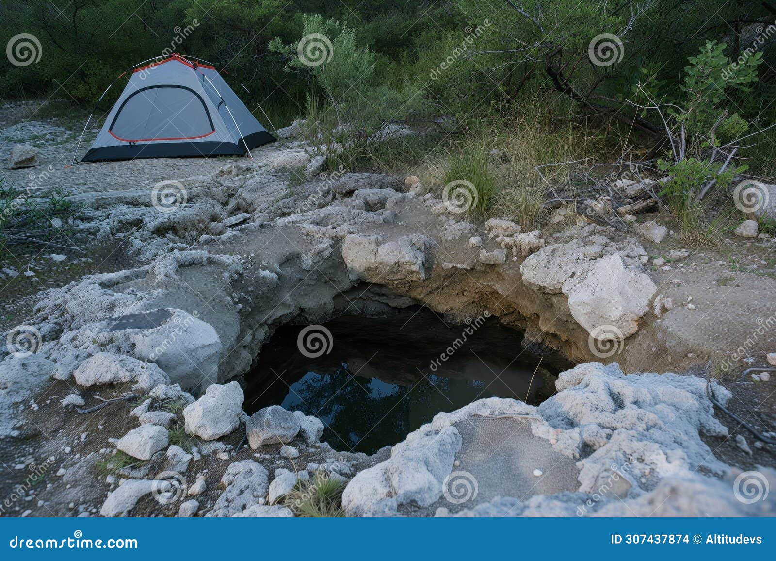 Sinkhole at a Campsite with a Tent Pitched at a Safe Distance Stock