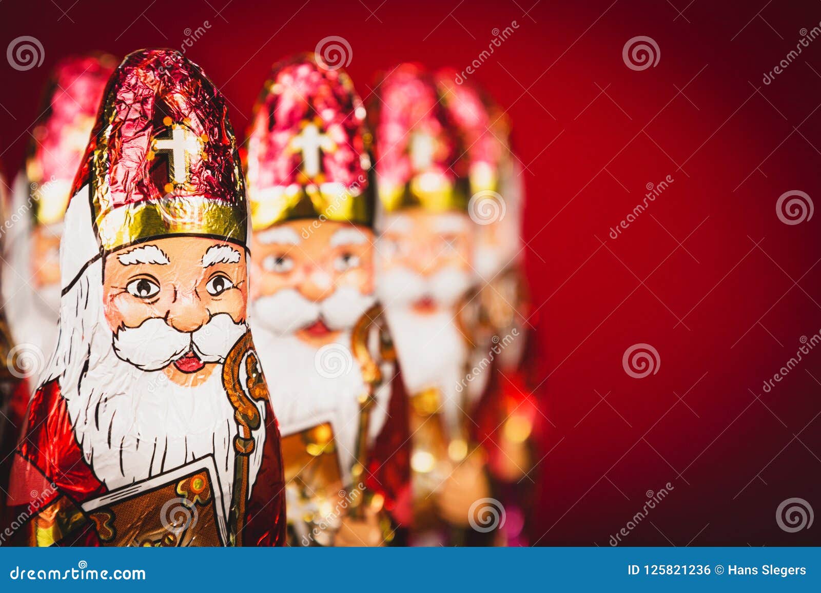 sinterklaas . dutch chocolate figures of saint nicholas in a row