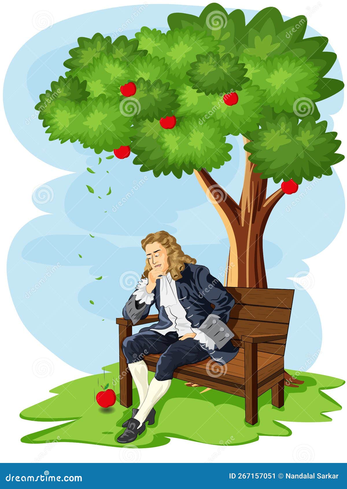 Isaac Newton observing an apple fall to the ground while seated