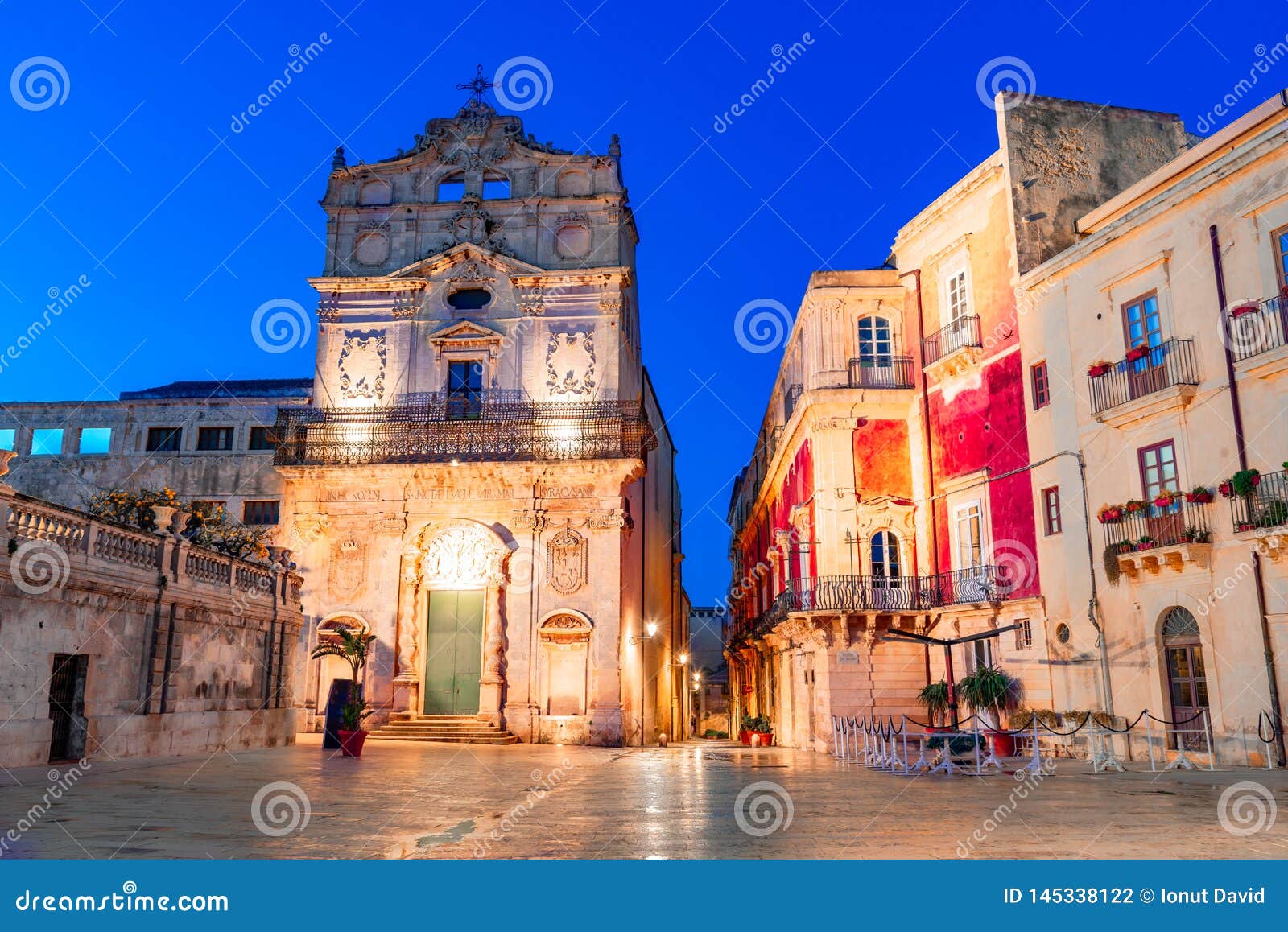 siracusa, sicily island, italy: night view of the  church with the burial of saint lucy, ortigia, syracuse