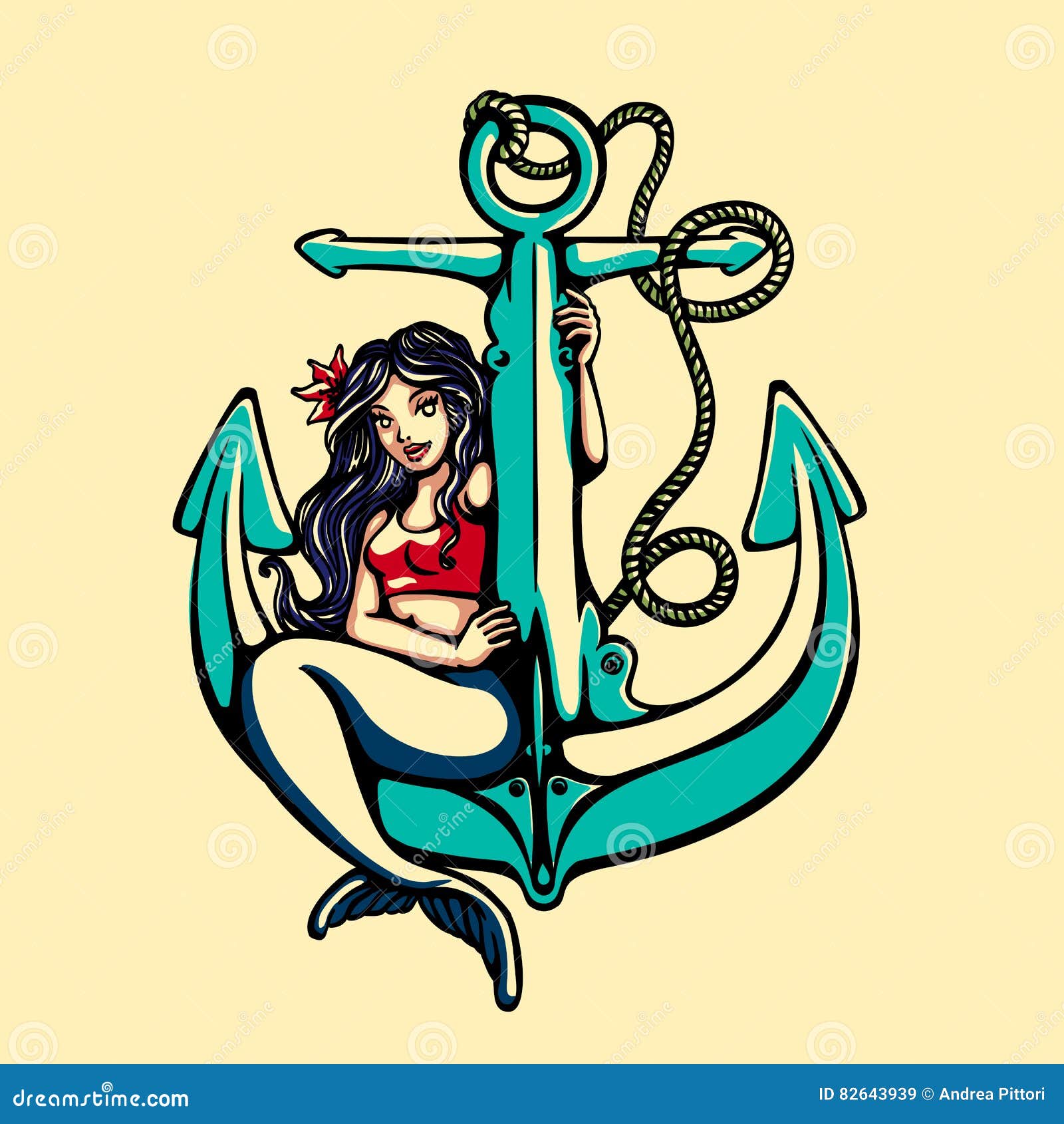 siren mermaid pinup girl sitting anchor tattoo vector pretty pin up sailor old school style illustration 82643939