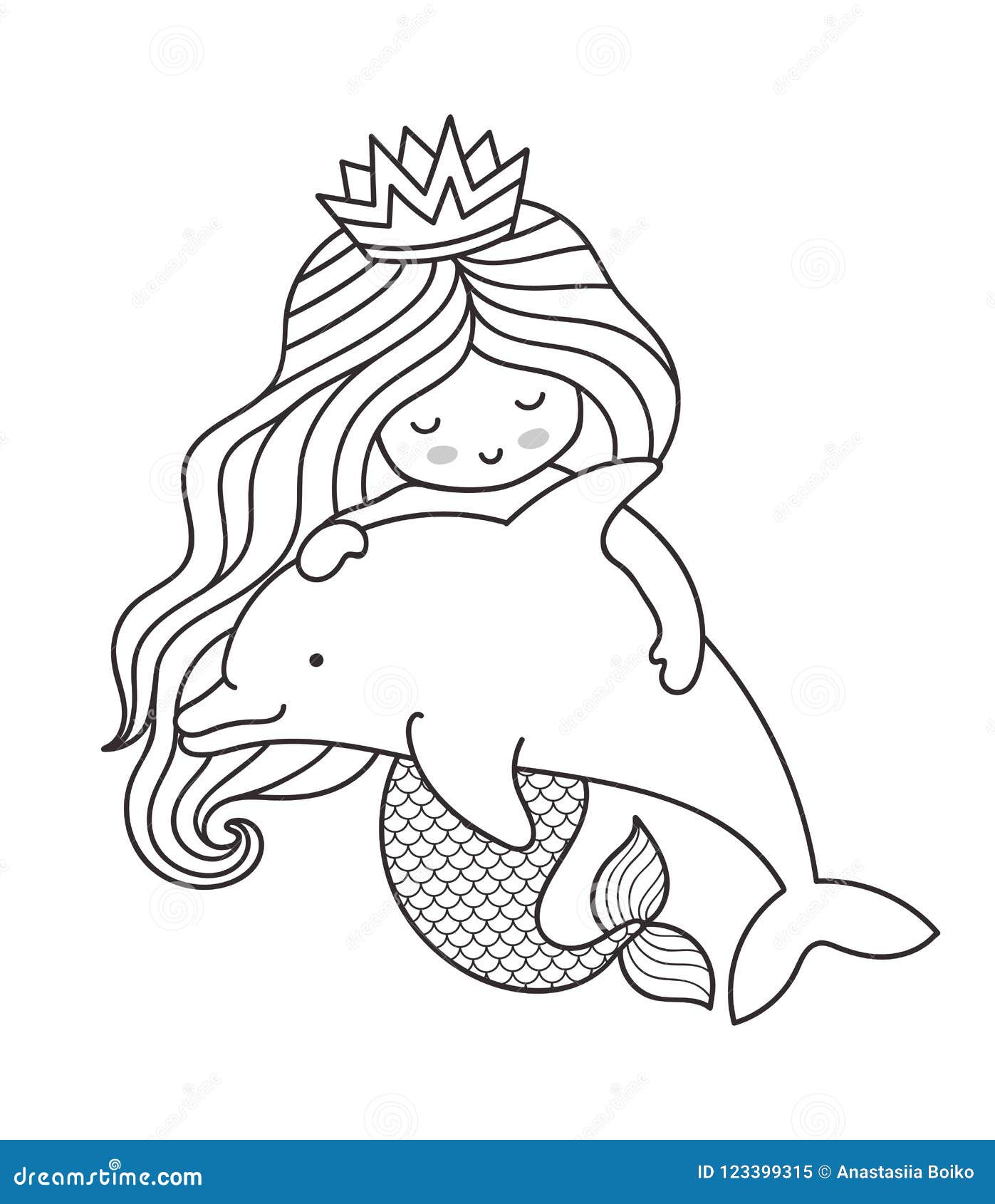 Sirena De Kawaii, Abrazando El Delfín Ilustración del Vector - Ilustración  de hembra, retrato: 123399315