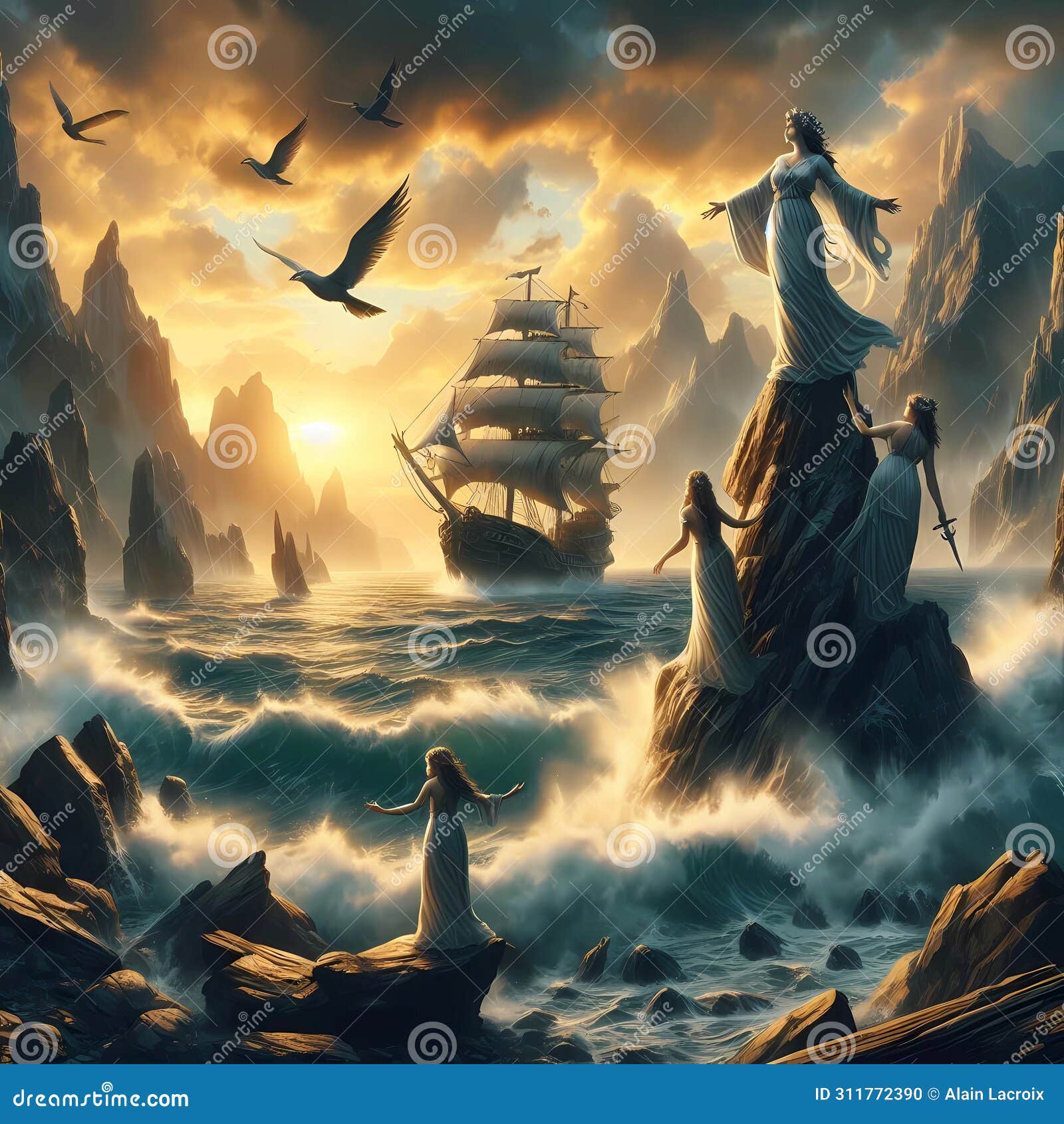 Greek mythology sirens stock illustration. Illustration of clouds