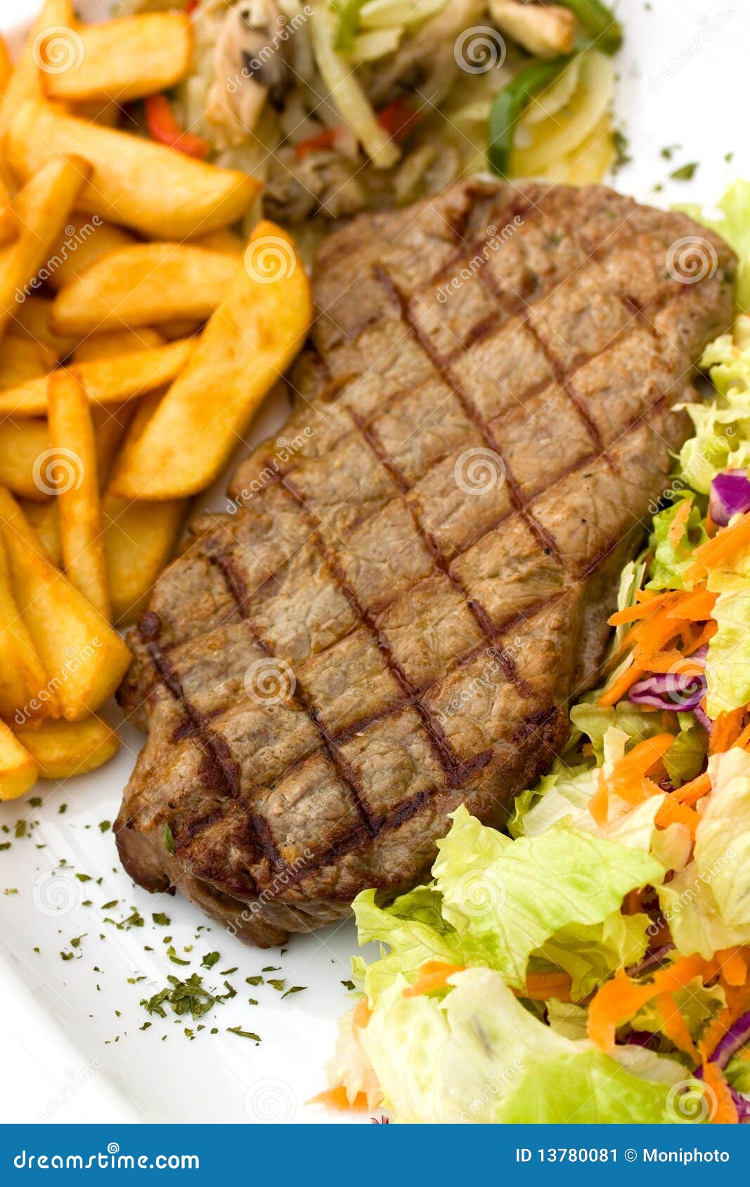 Sirloin Steak with Chips ,mushrooms,salad Stock Image Image of food