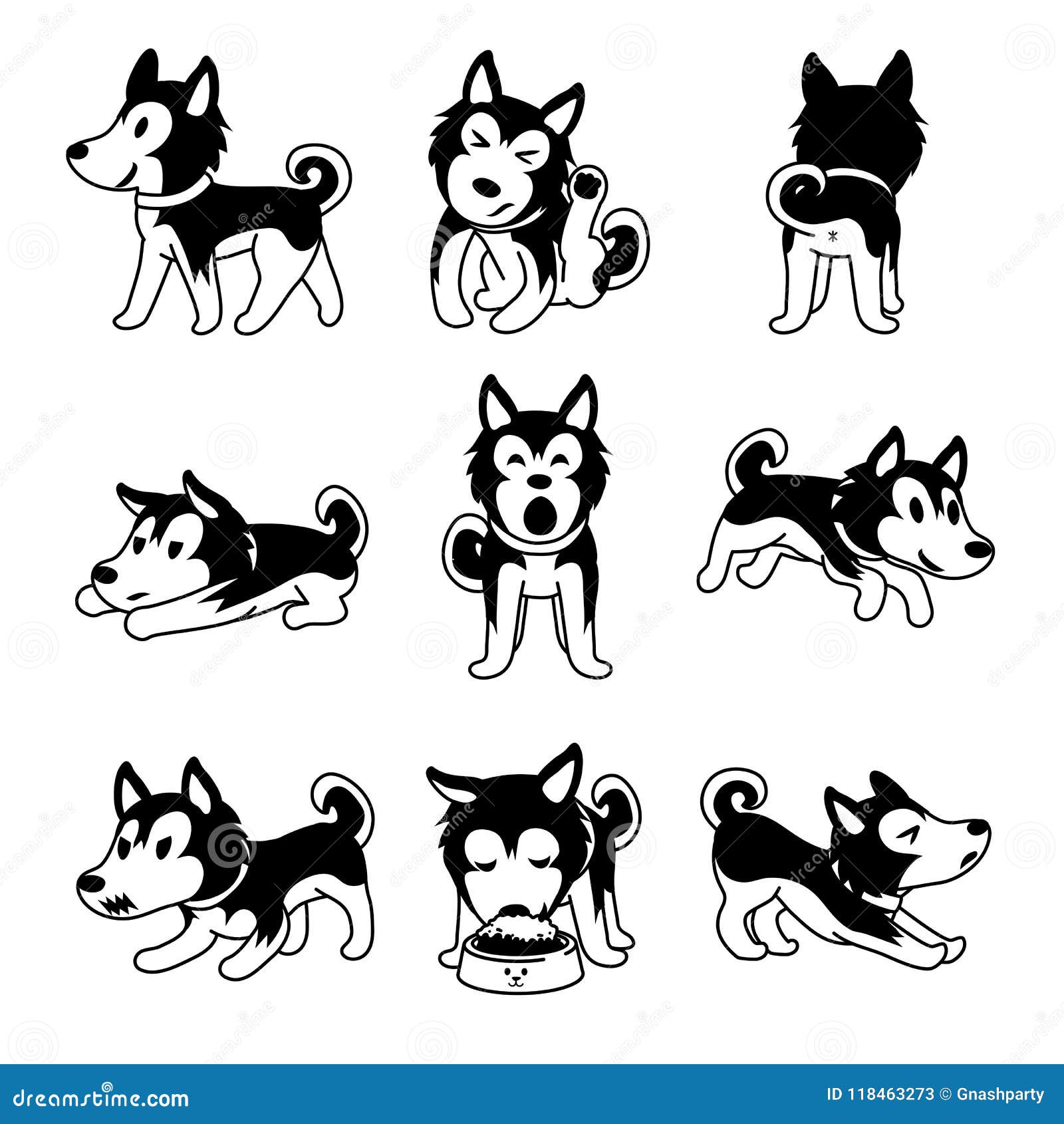 Sistema De Actitudes Del Perro Del Husky Siberiano Del Personaje De Dibujos  Animados Del Vector Ilustración del Vector - Ilustración de perro, perrito:  118463273