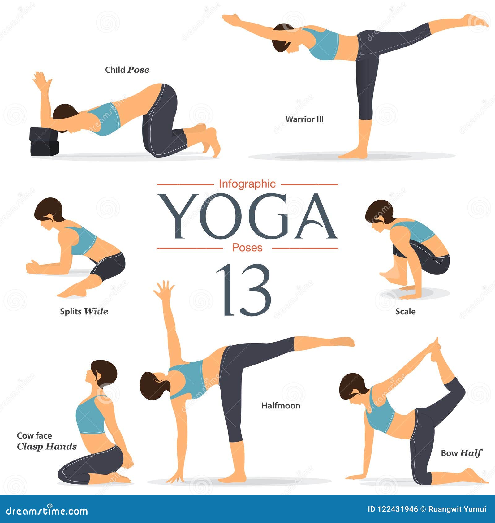 Sistema De 7 Actitudes De La Yoga En Diseño Plano La Mujer Figura Ejercicio  En Ropa De Deportes Azul Y Los Pantalones Negros De L Ilustración del  Vector - Ilustración de oriental