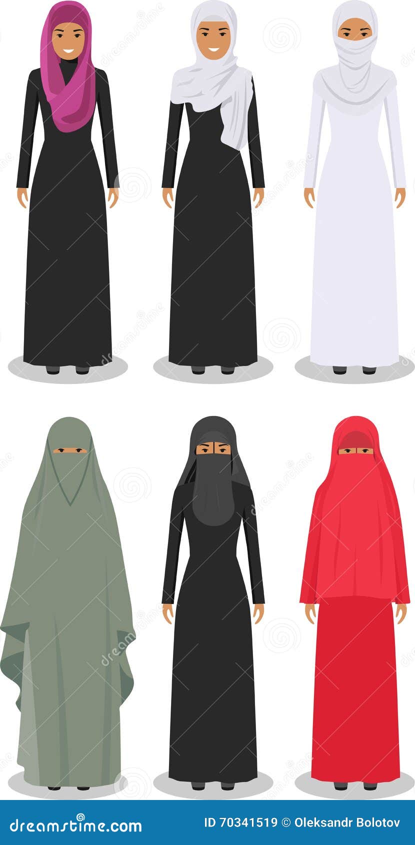 Sistema De Diversas Mujeres Derechas En La Ropa árabe Musulmán Tradicional En El Fondo Blanco En Plano Ilustración del Vector - Ilustración de alineada, 70341519