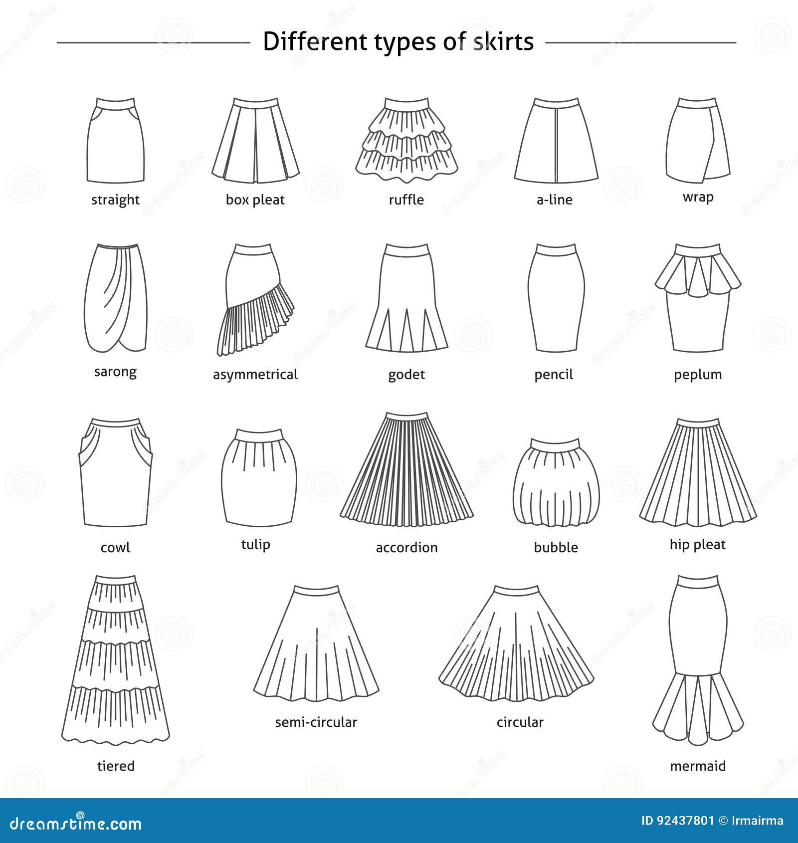 doble esposas público Sistema De Diversos Tipos De Faldas Ilustración del Vector - Ilustración de  mirada, semicerrado: 92437801