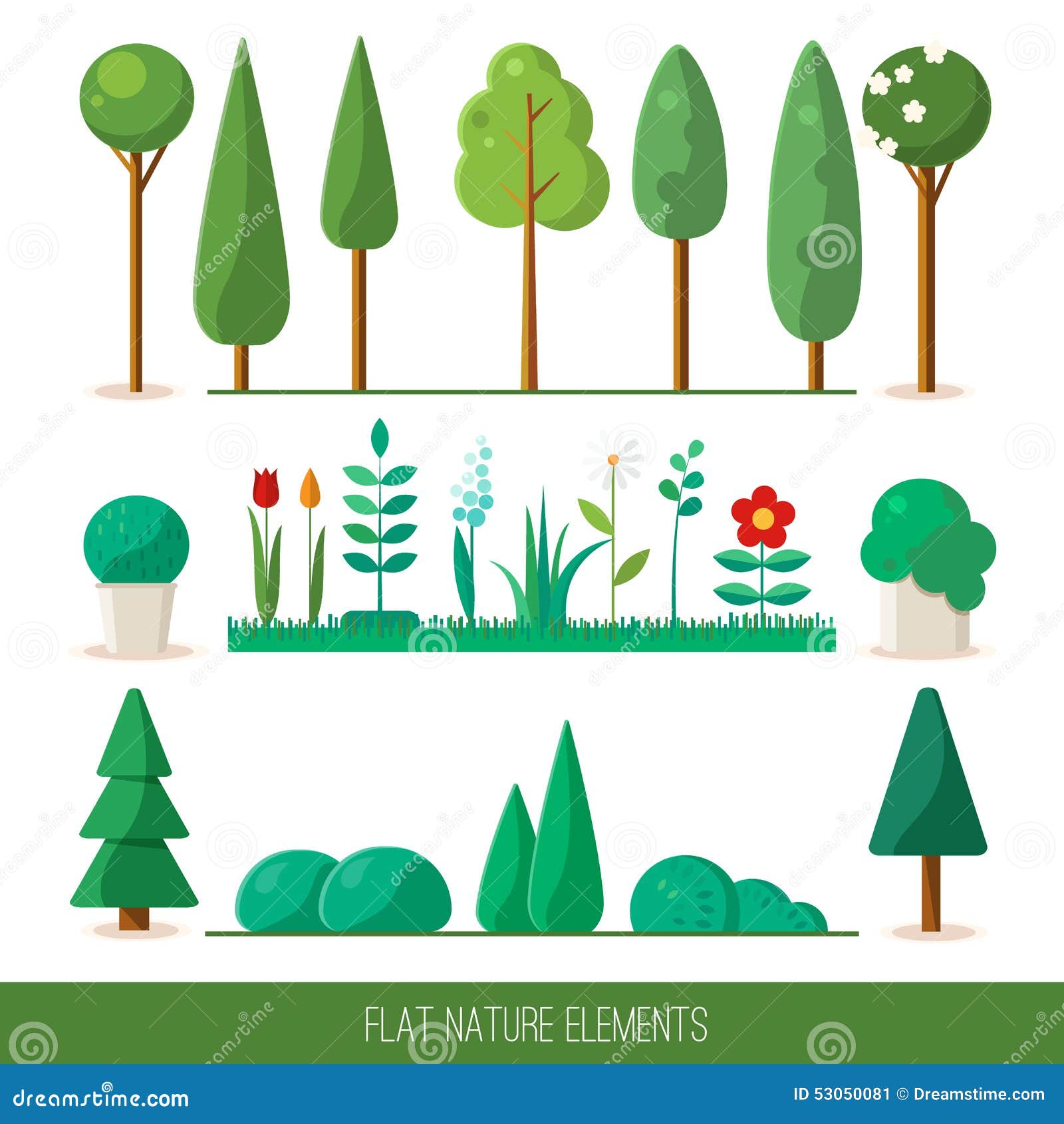 Sistema De Elementos De La Naturaleza Arboles Picea Arbustos