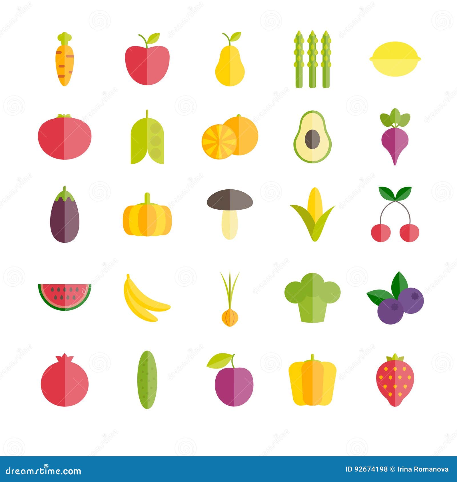 Sistema de iconos planos de las frutas y verduras. Los iconos planos modernos para el web, impresión, los apps móviles diseñan