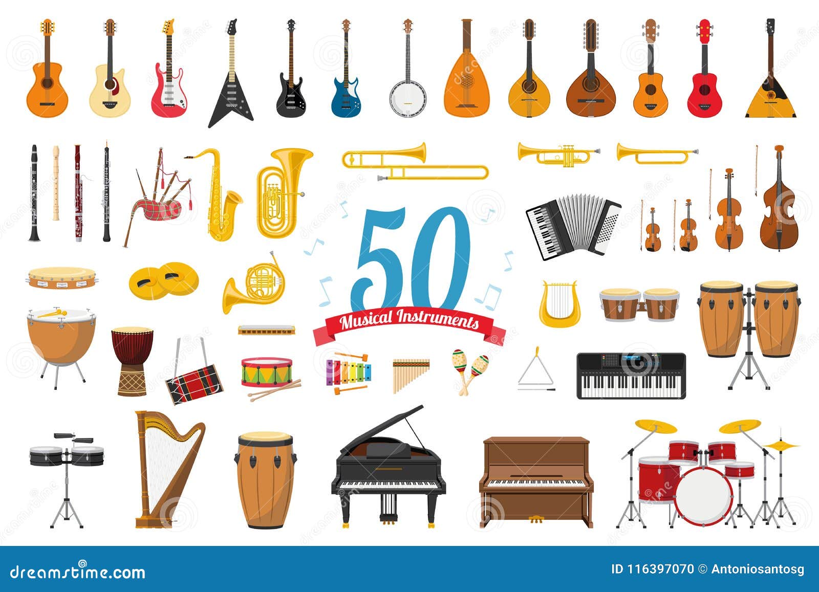 Sistema De 50 Instrumentos Musicales En Estilo De La Historieta Aislados En  El Fondo Blanco Ilustración del Vector - Ilustración de banjo, gaita:  116397070