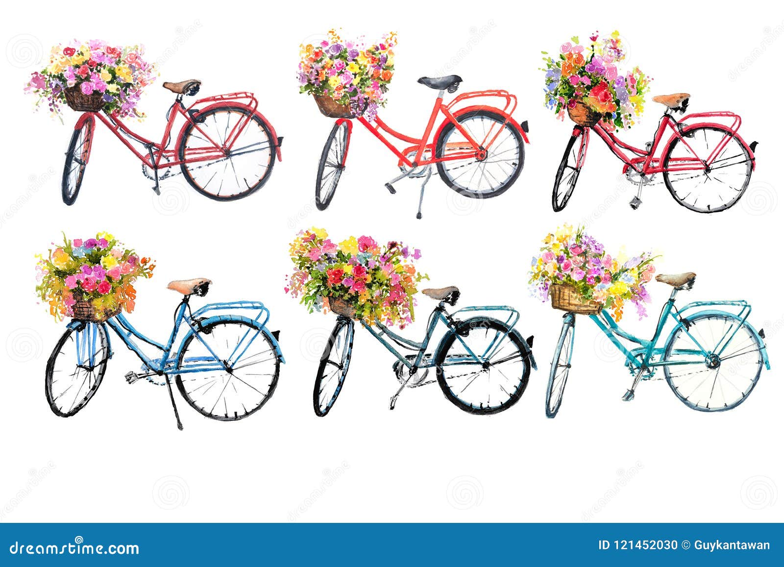 multa Mula Carne de cordero Sistema De Seis Bicicletas De La Acuarela Con Las Flores En El Fondo Blanco  Stock de ilustración - Ilustración de vendimia, aislado: 121452030