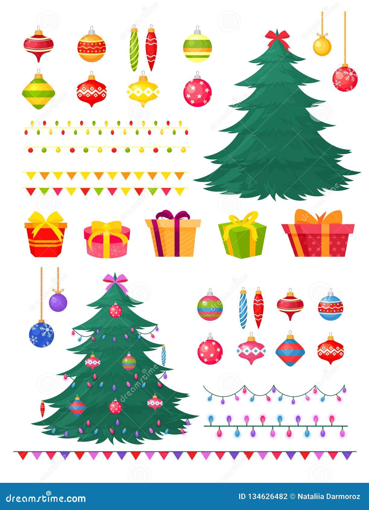 Sistema del ejemplo del vector del árbol de navidad con las decoraciones y las cajas de regalo El invierno elimina el núcleo - los juguetes, guirnaldas, bolas, árboles de Navidad aislados en el fondo blanco para la creación su árbol de navidad del diseño Estilo plano de la historieta