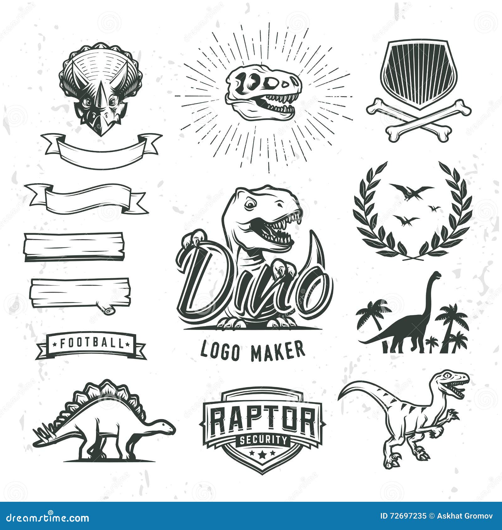 Sistema del fabricante del logotipo de Dino Creador del logotipo del dinosaurio Plantilla de la bandera de T-rex del vector Ejemplo de la cresta del laurel del período jurásico Diseño de concepto de las insignias del escudo Insignia del mundo o colección cretácea de la etiqueta