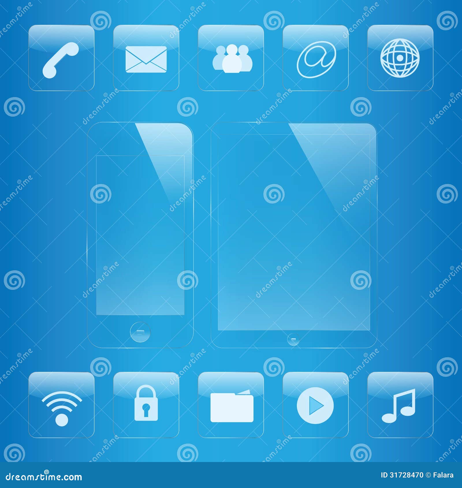 Sistema del vidrio del icono del teléfono móvil y de la tableta. Icono del teléfono móvil y de la tableta y sistema del vidrio del interfaz