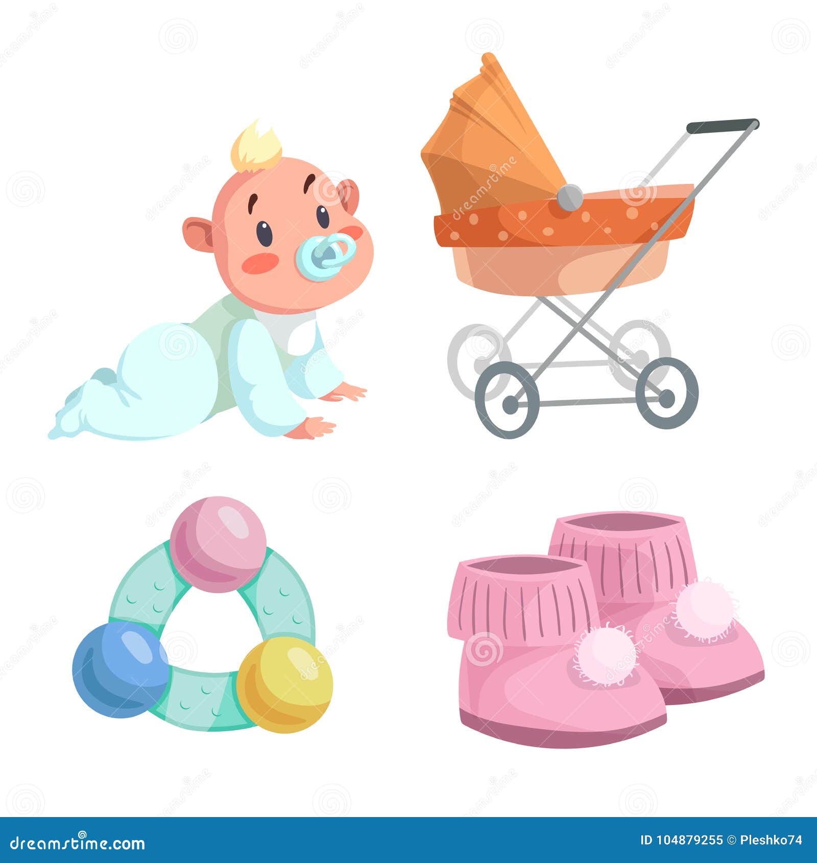 Sistema Feliz De La Infancia De La Historieta Bebé Con El Arrastre Simulado, El Cochecito De Niño Anaranjado De La Cama, El Traqu Ilustración del Vector - Ilustración de infancia, arrastre: 104879255