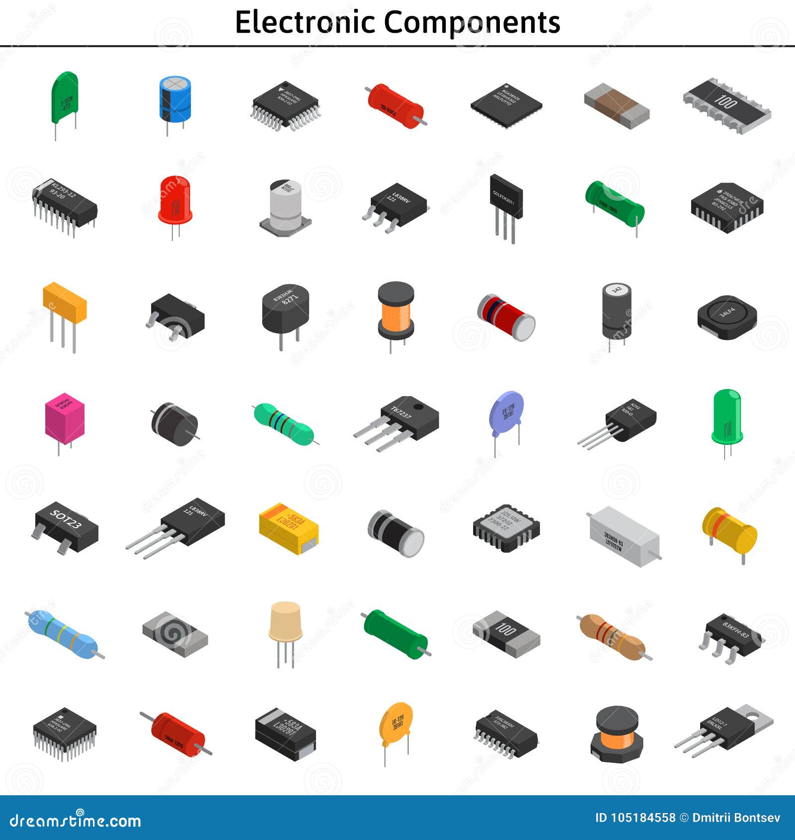 Sistema Grande Del Vector De Componentes Electrónicos Izometric  Condensadores, R Ilustración del Vector - Ilustración de pastilla, modelo:  105184558