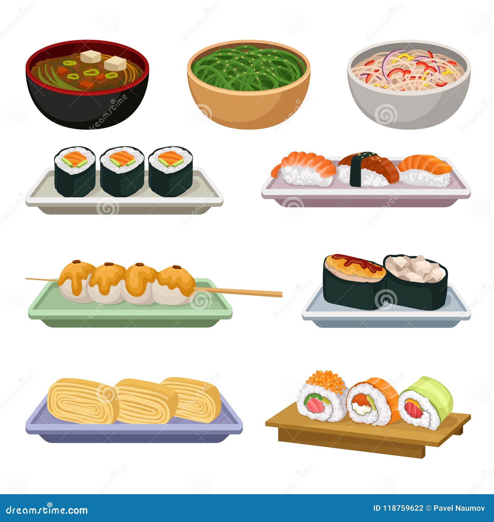 Sistema Plano Del Vector De Comida Japonesa Tradicional Sopas, Bolas De  Arroz En El Palillo De Madera Y Diferentes Tipos De Sushi Ilustración del  Vector - Ilustración de tallarines, alimento: 118759622