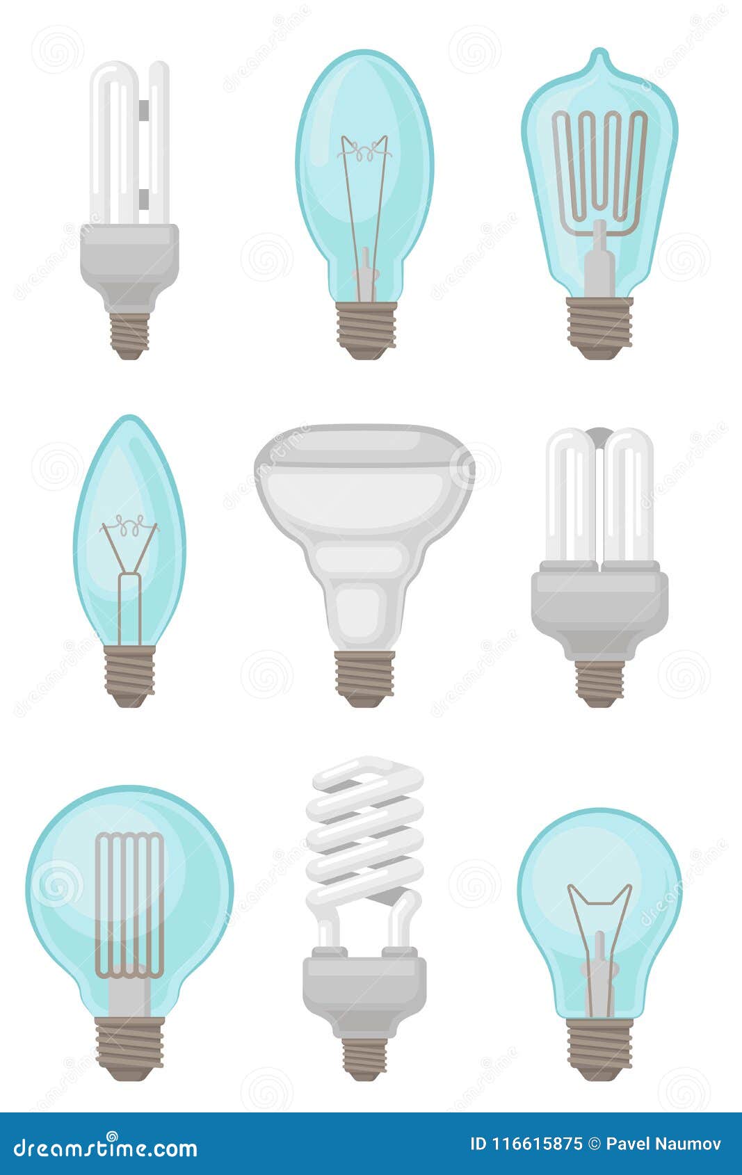 Sistema plano del vector de diversos tipos de bombillas Lámparas fluorescentes incandescentes y compactas Tema de la electricidad. Colección de diversos tipos de bombillas Lámparas fluorescentes incandescentes y compactas Iconos relacionados con el tema de la electricidad Ejemplos coloridos del vector en estilo plano aislados en el fondo blanco