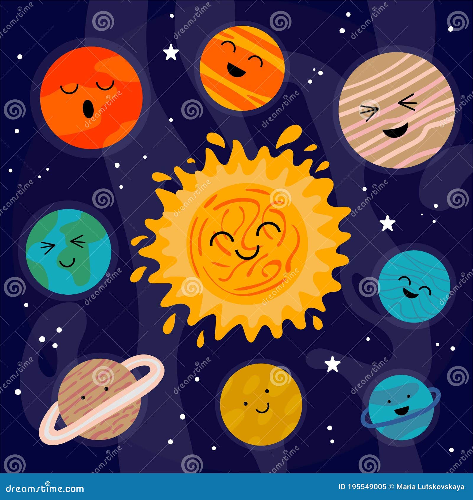 Sistema Solar De Dibujos Animados. Afiche Científico Paradisíaco Con  Objetos Espaciales Con Caras Lindas. Planetas Coloridos Sobre Ilustración  del Vector - Ilustración de planetario, asteroide: 195549005