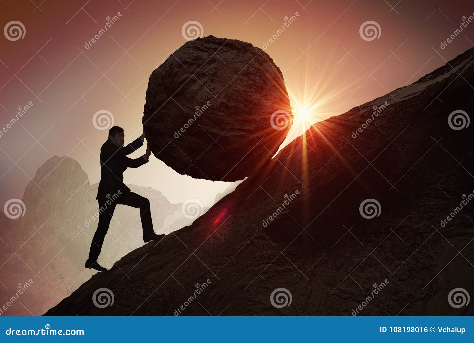 sisyphus metaphore. silhouette of businessman pushing heavy stone boulder up on hill
