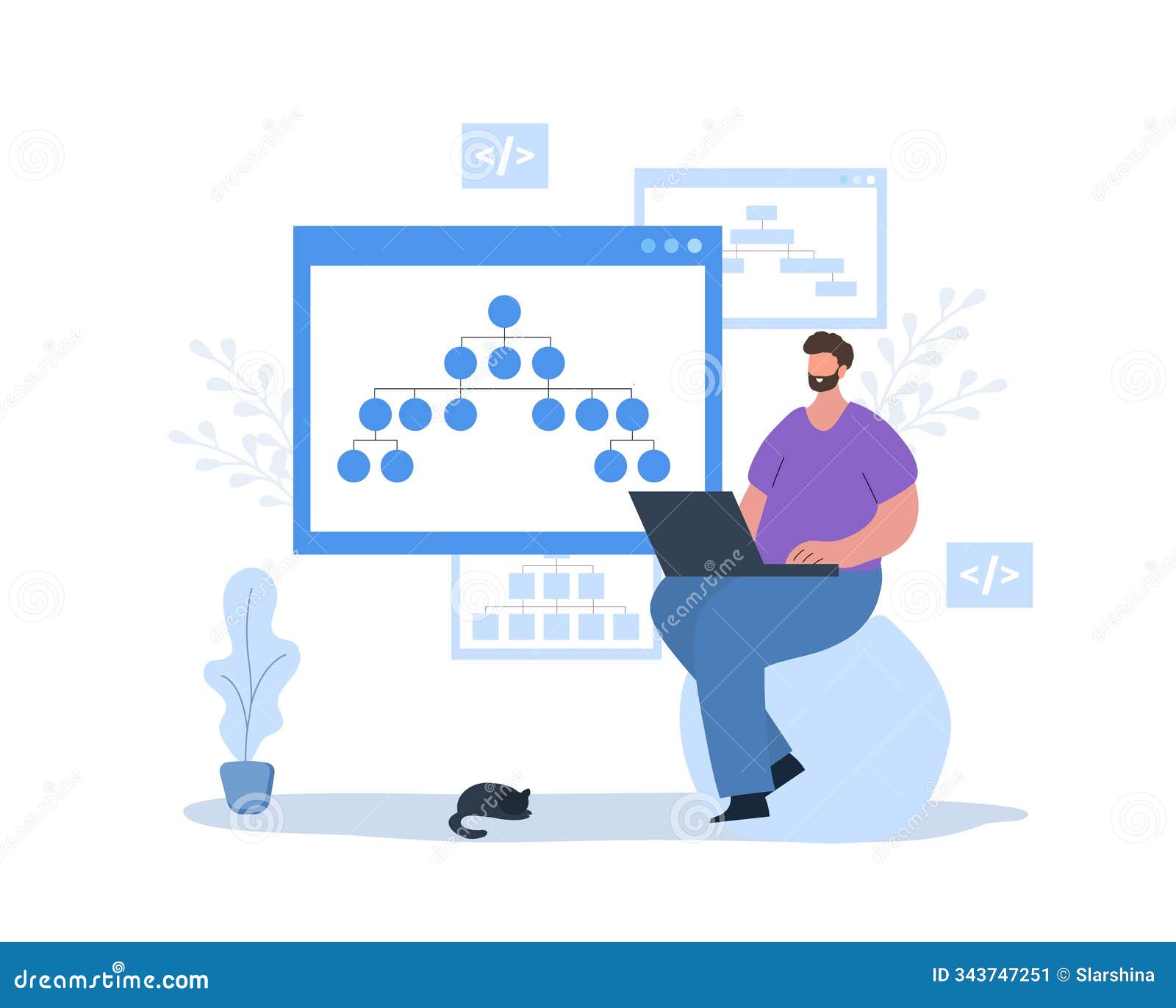 sitemap creation. website creation tool. male developer with laptop. online software and web page structure. ux er