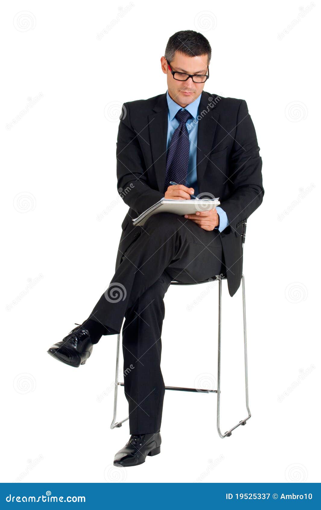 Sitting Businessman with Eyeglasses Writing Stock Image Image of boss