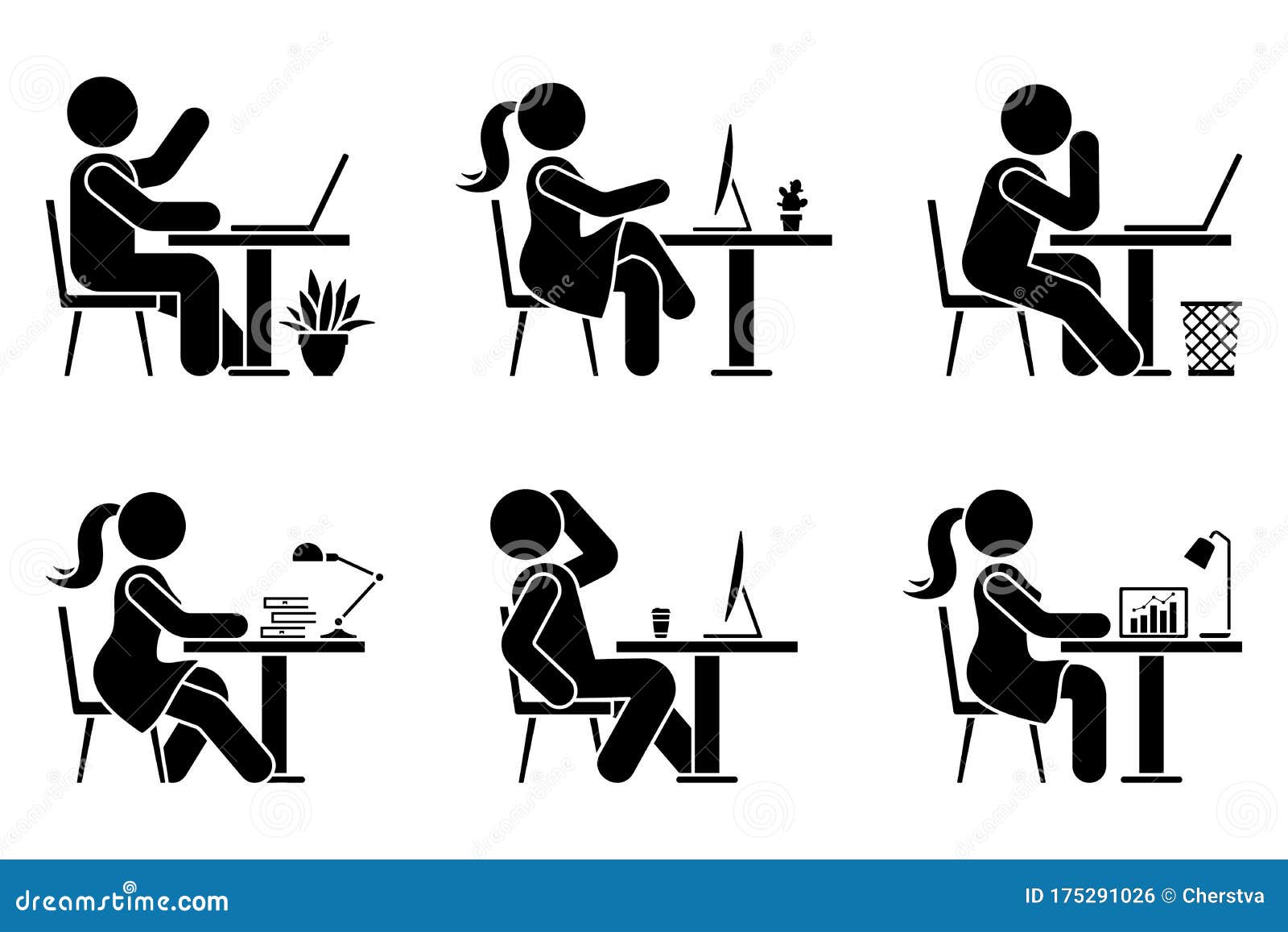 sitting at desk office stick figure business man and woman side view poses pictogram silhouette  icon work set