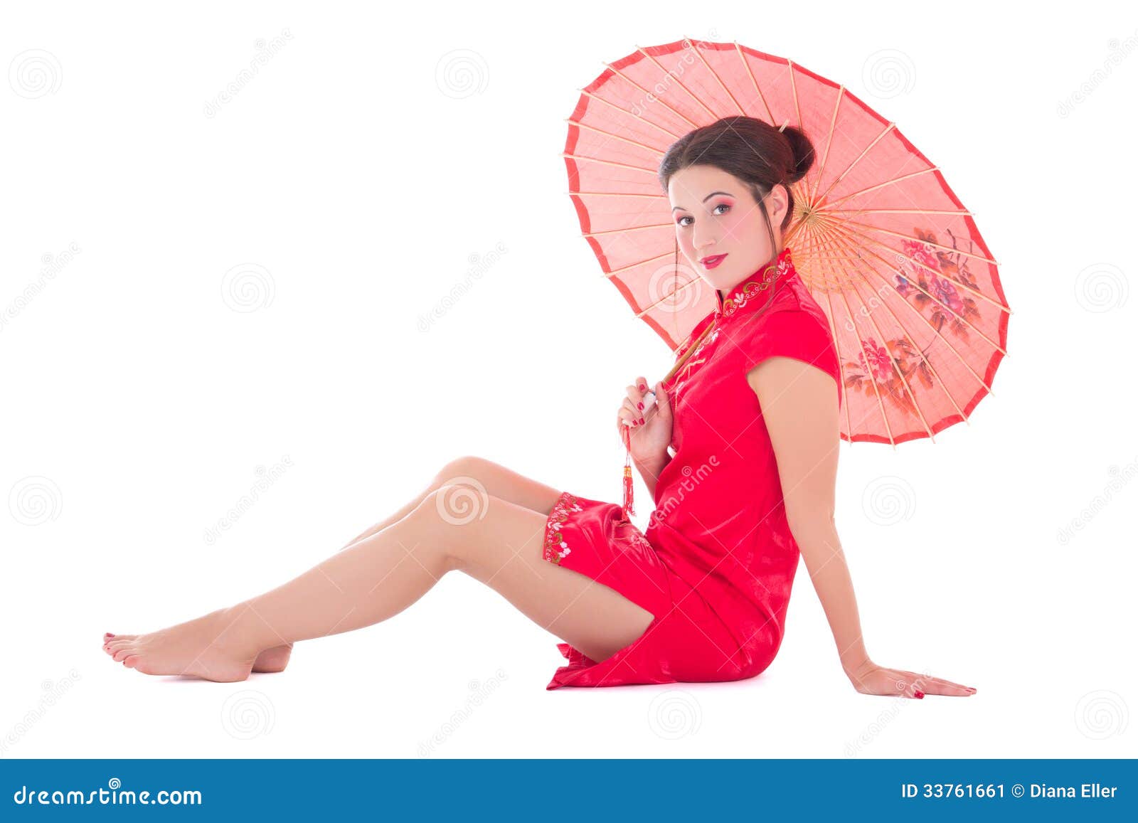 Sitting Girl In Red Japanese Dress With Umbrella Isolated 