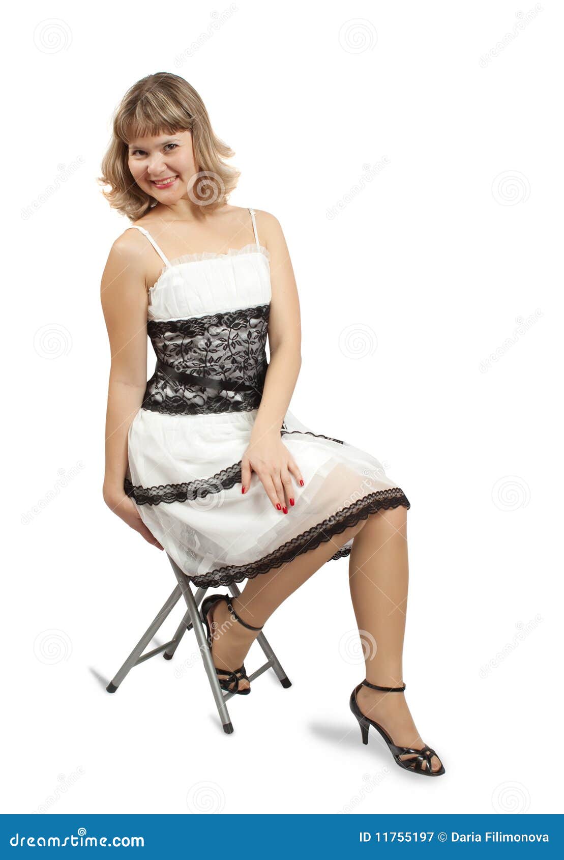 Sitting Girl in White Dress. Isolated on White Stock Image - Image of ...