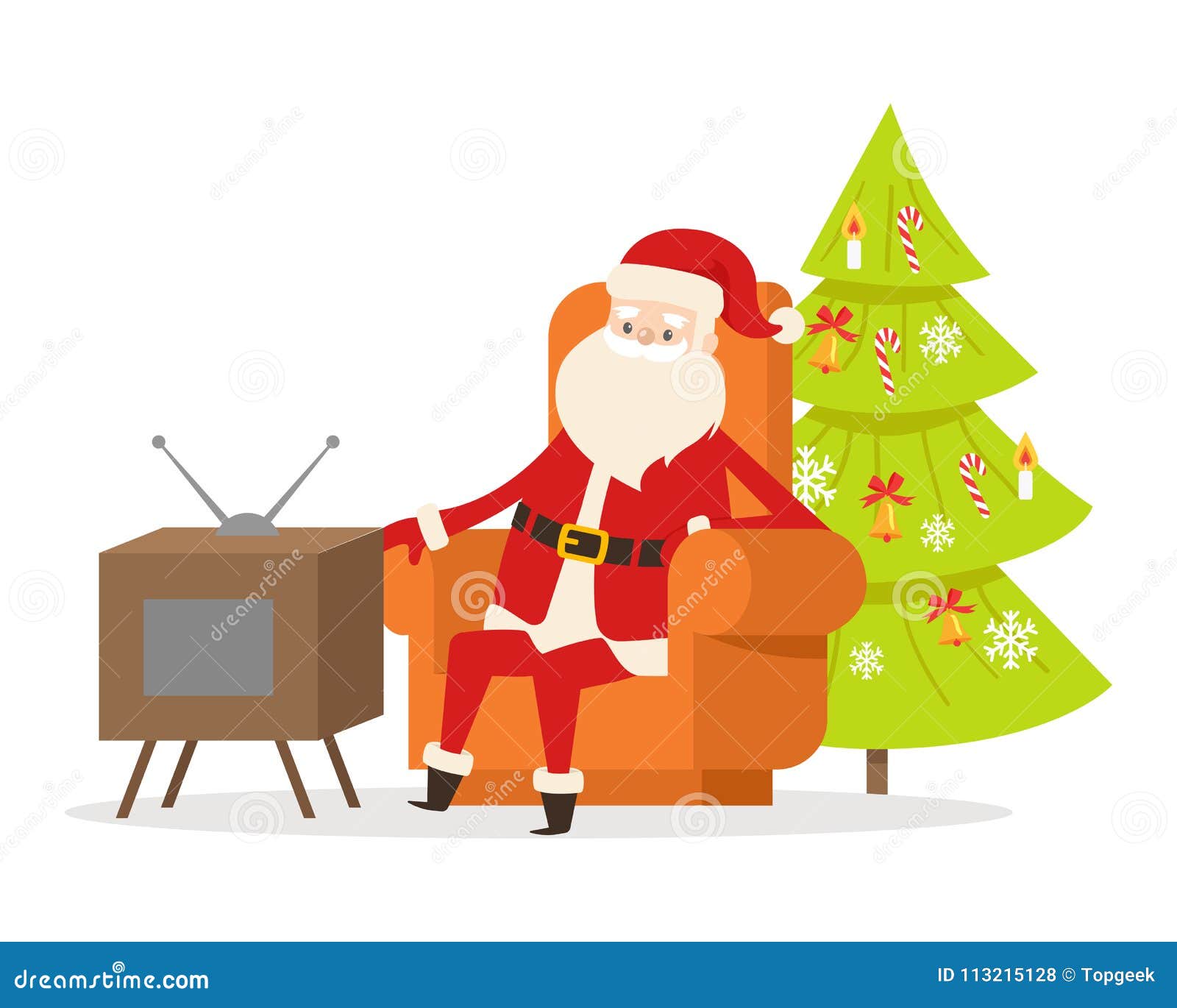 Sitting Santa Claus in orange big armchair near TV set and decorated Christmas tree on on white background Cartoon personage watches television at the New