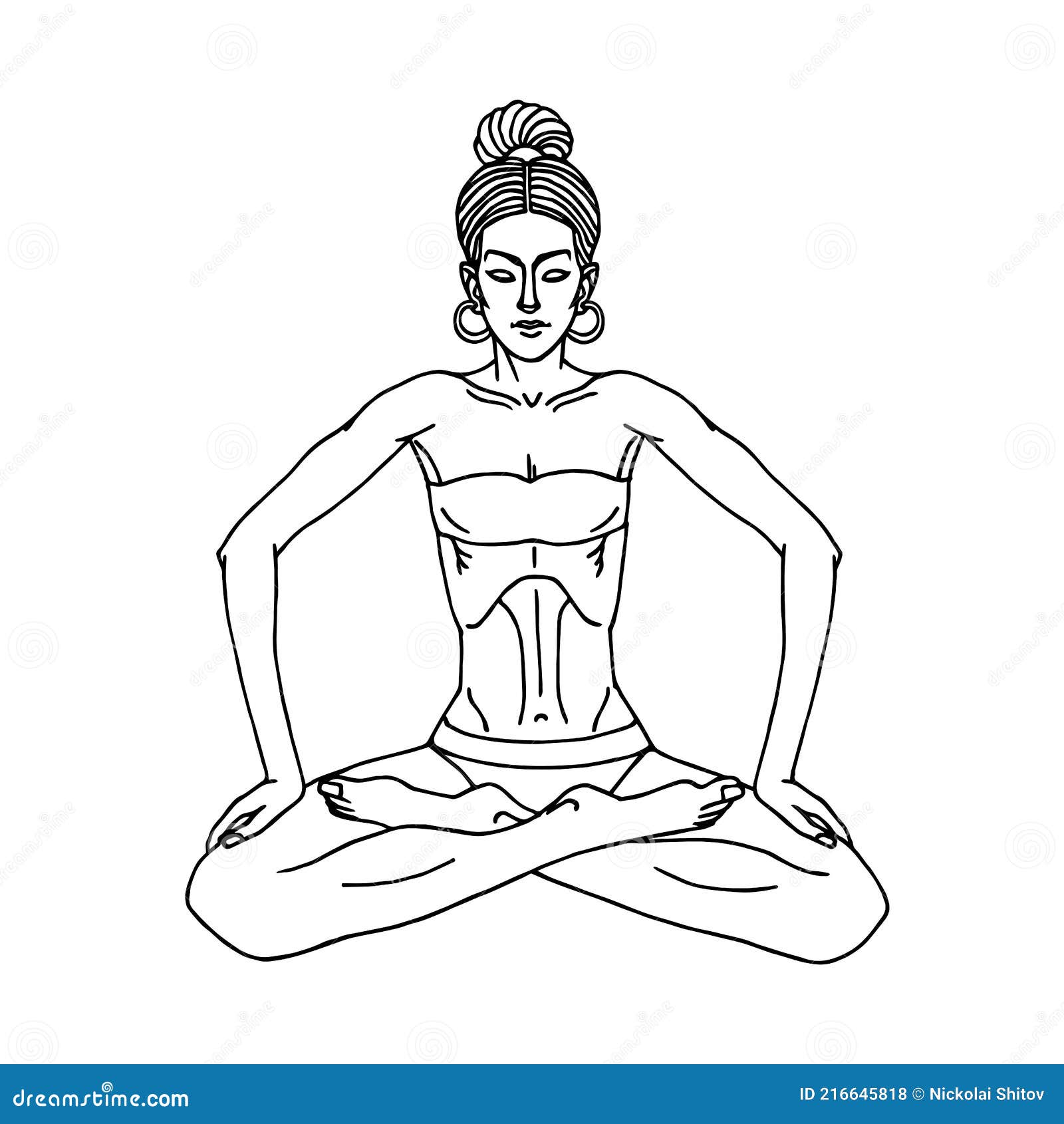 sitting young yogi girl lotus position does belly vacuum muscle wave vector illustration black ink contour lines 216645818