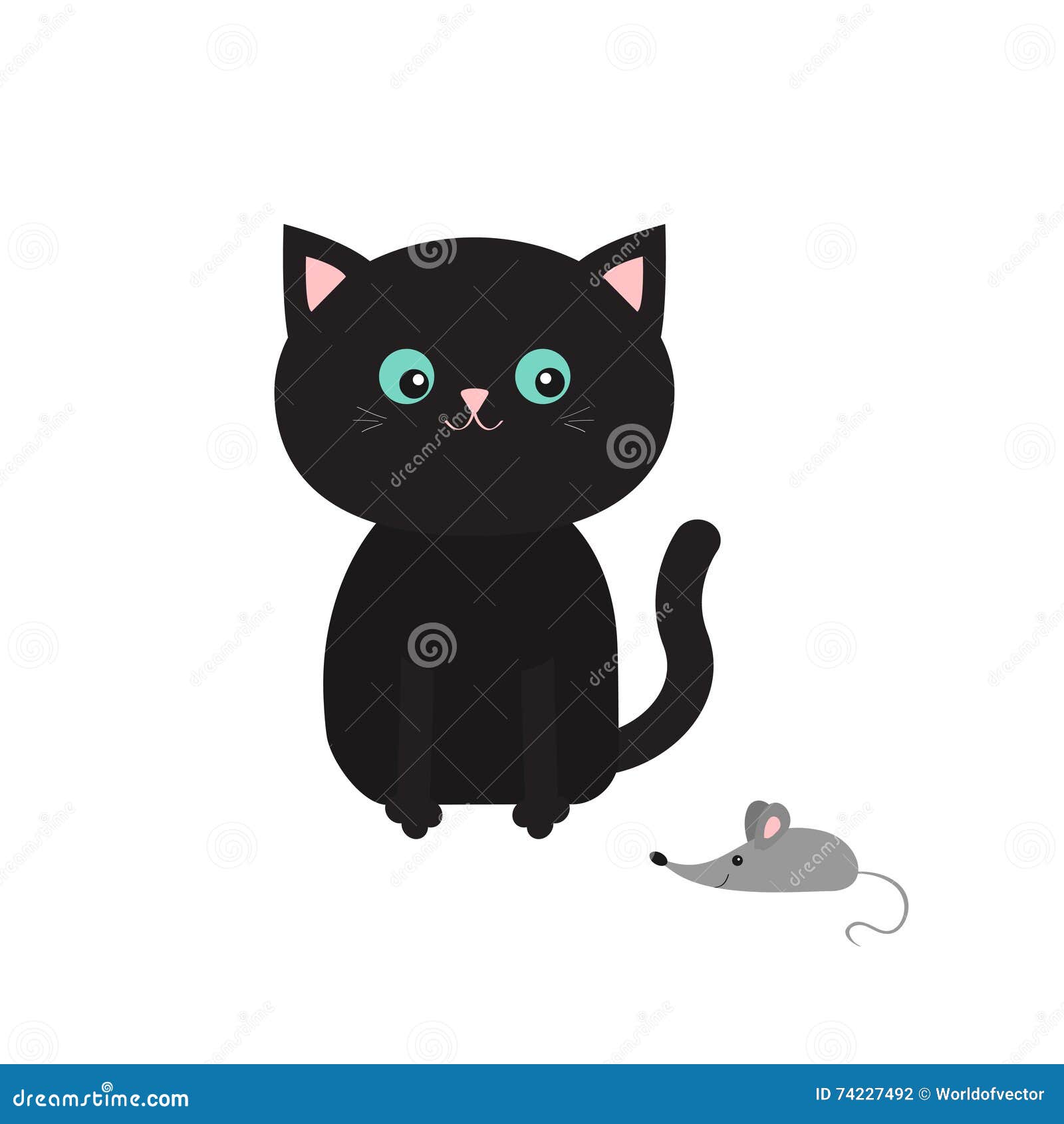 Sitzende Katze Der Netten Schwarzen Karikatur Die Maus Betrachtet Schnurrbartbart Lustiger Charakter Flaches Design Weisser Hinte Vektor Abbildung Illustration Von Karikatur Weisser