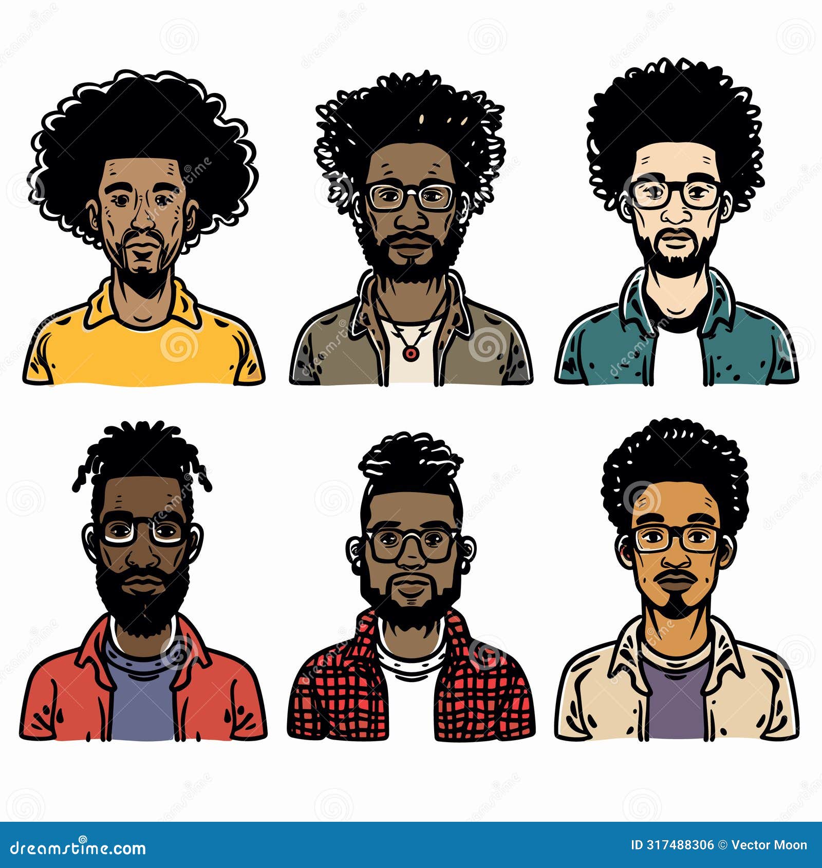 six african american male avatars different hairstyles facial hair, wearing casual outfits