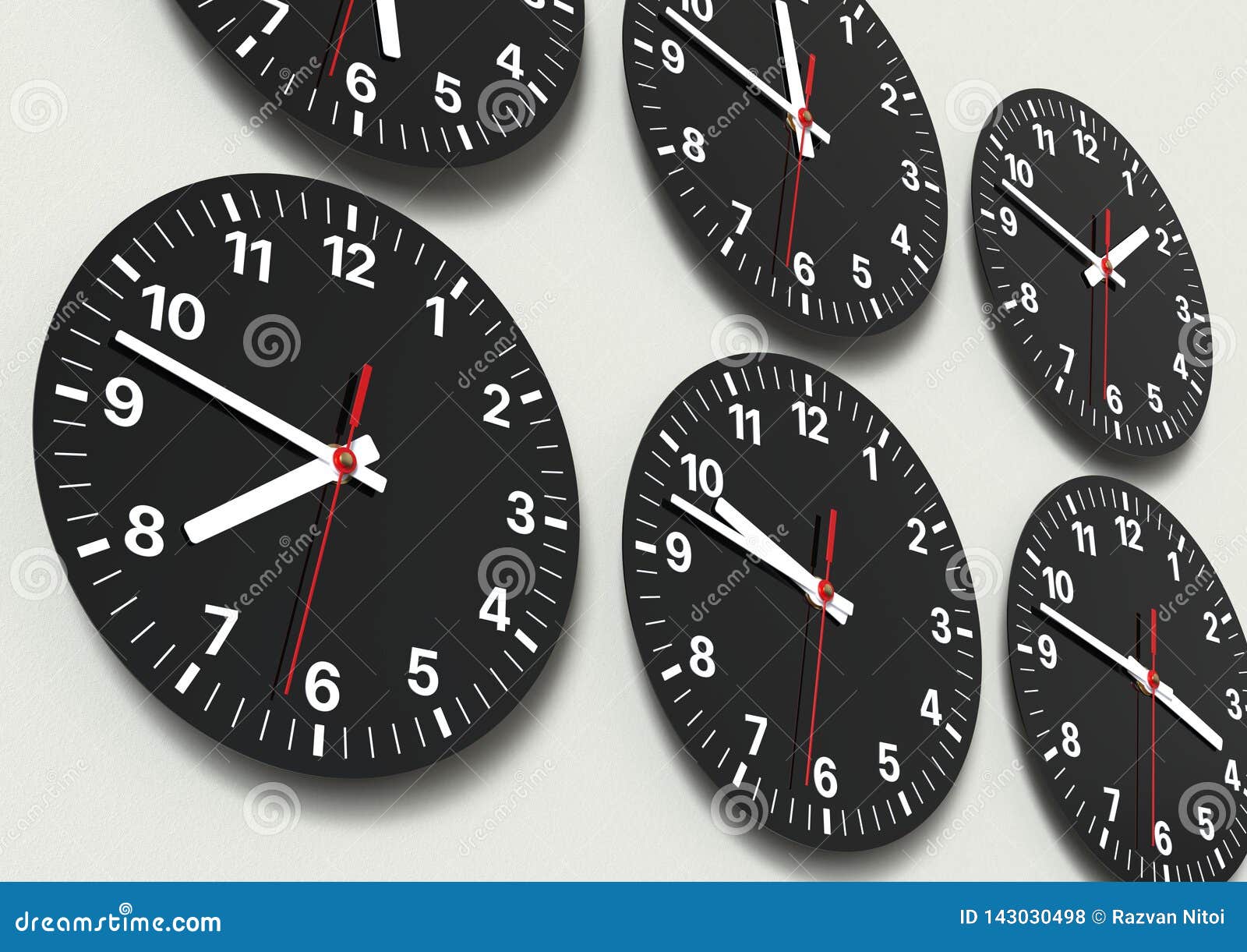 Six Analog Clocks on Wall, Showing World Time Stock Photo - Image of ...