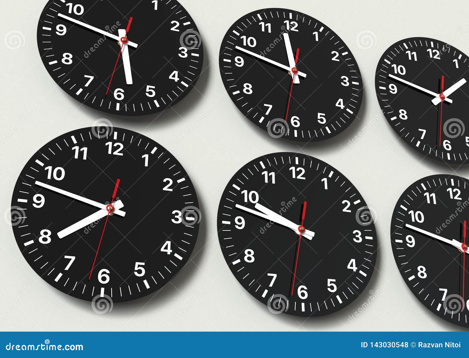 Six Analog Clocks on Wall, Showing World Time Stock Photo - Image of ...