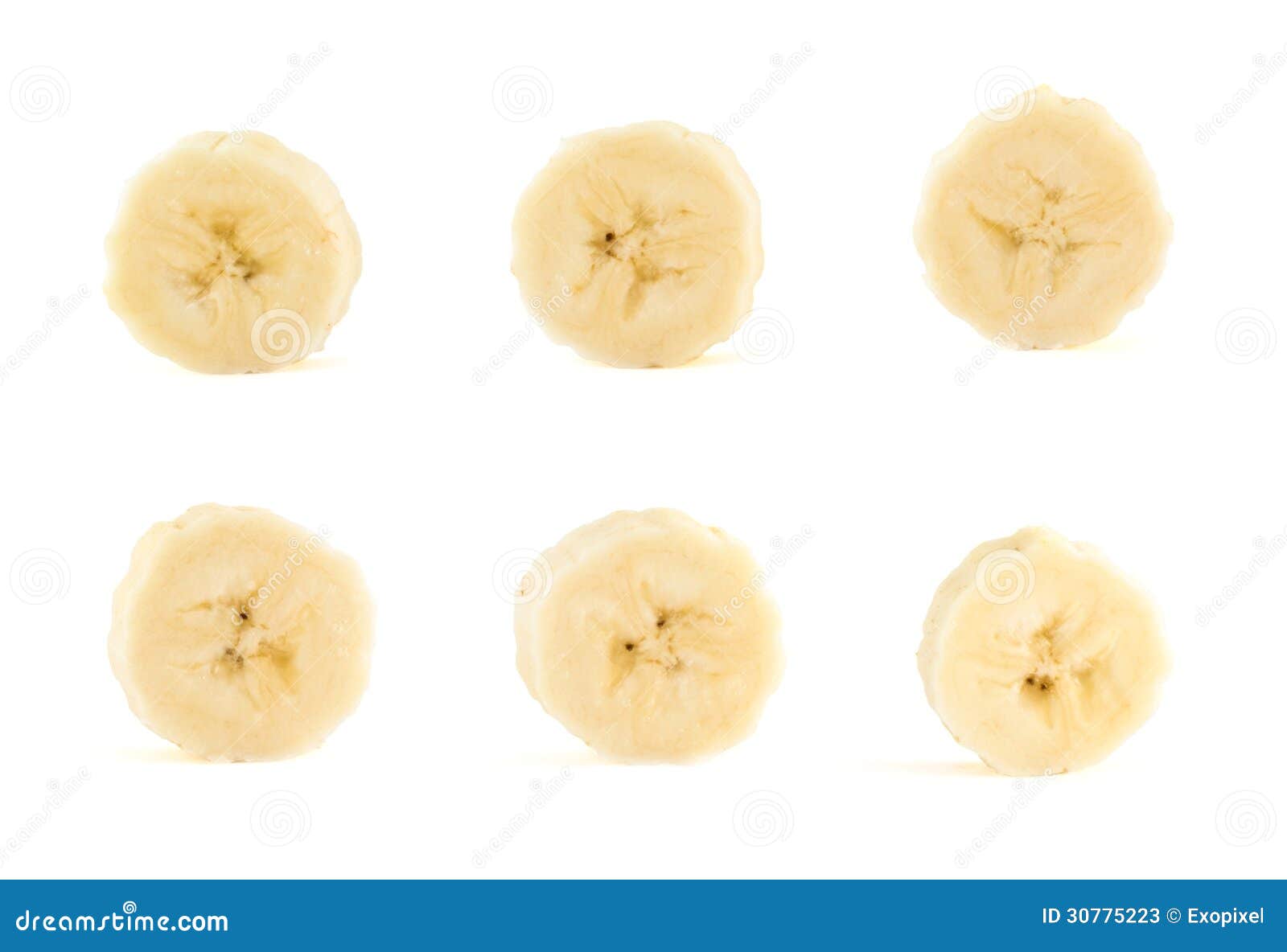 six banana slices set over white background